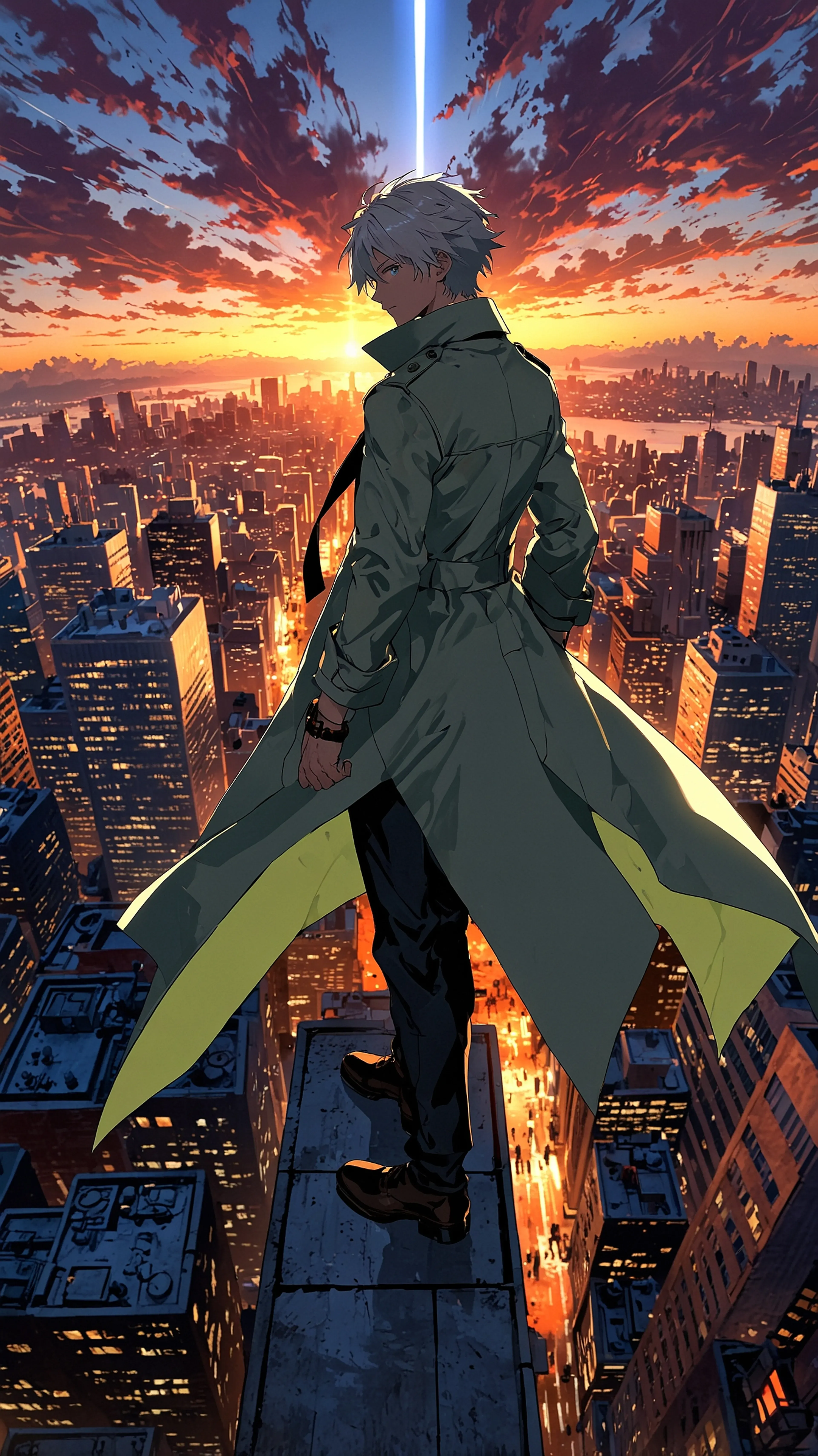 Crimson Overlook, 4k anime wallpaper, anime, urban fantasy, rooftop, cityscape, sunset, male character, white hair, trench coat, dynamic pose, orange sky, high angle