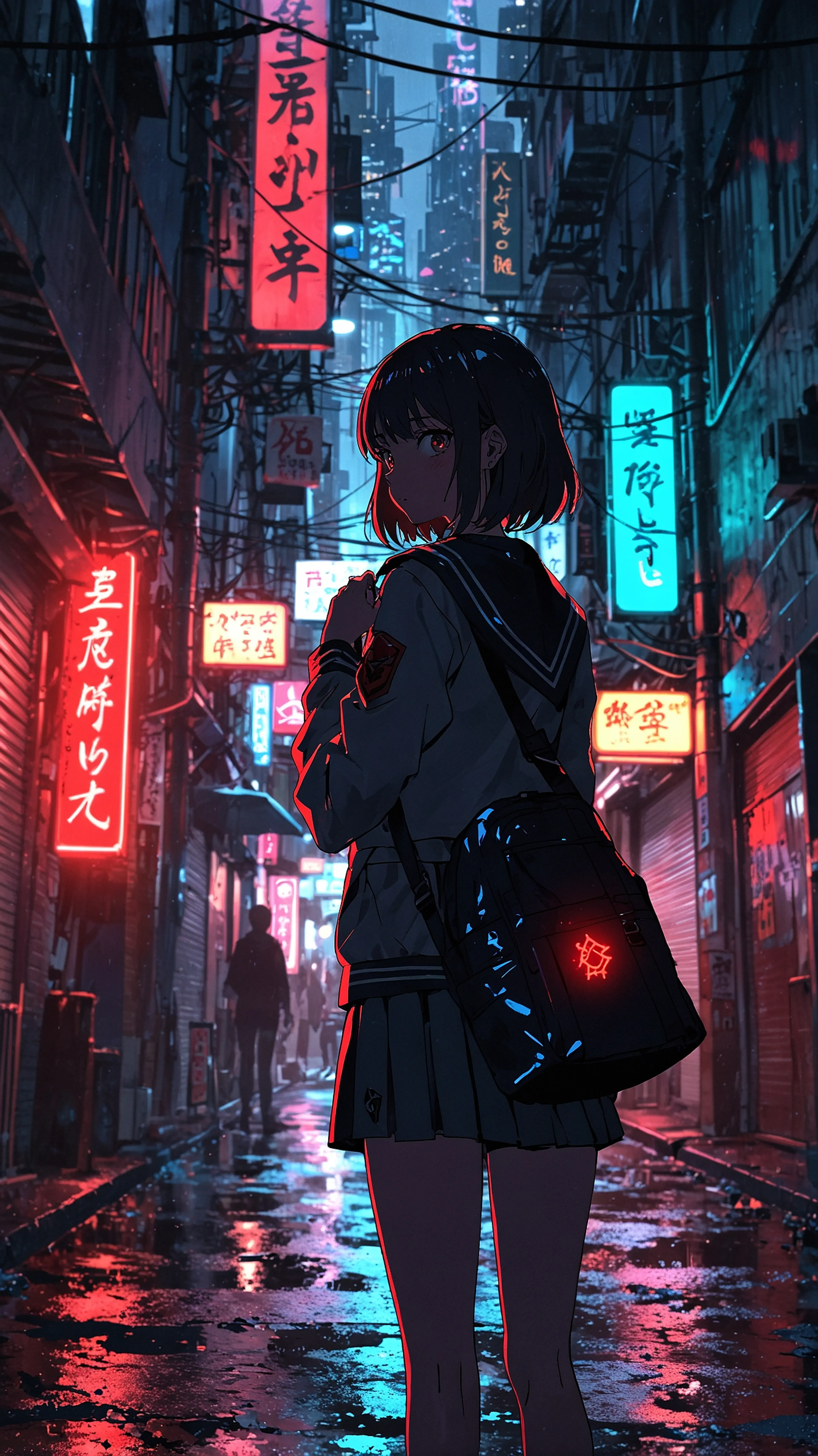 Alleyway Sigil, 4k anime wallpaper, anime, urban fantasy, tokyo, neon, magical, high school student, sigil, night scene, detailed, vibrant, cinematic, modern magic, alleyway, rain, school uniform