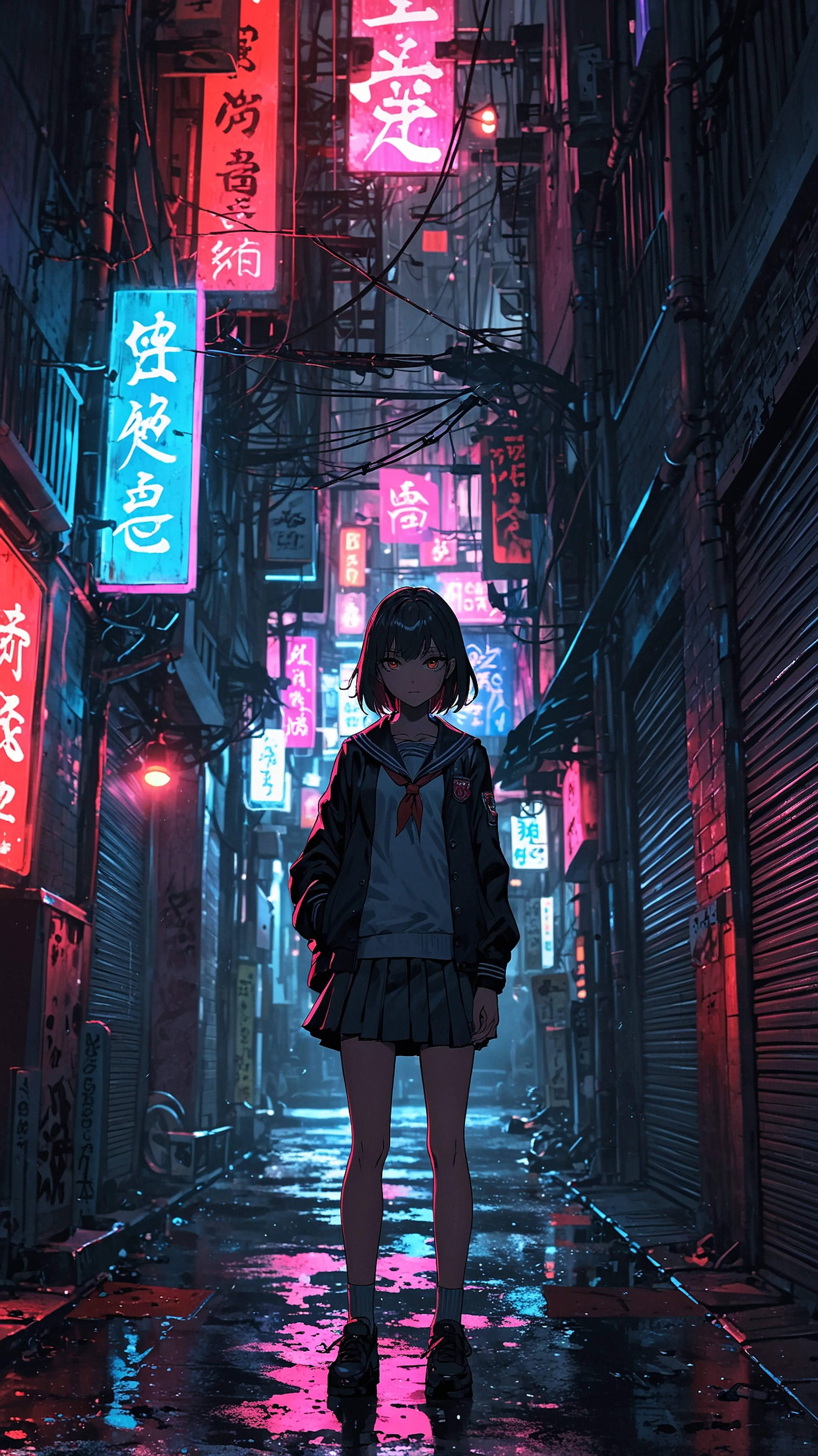 Neon Puddles, 4k anime wallpaper, anime, urban fantasy, tokyo, neon, high school student, night scene, detailed, vibrant, cinematic, alleyway, rain, school uniform, puddles