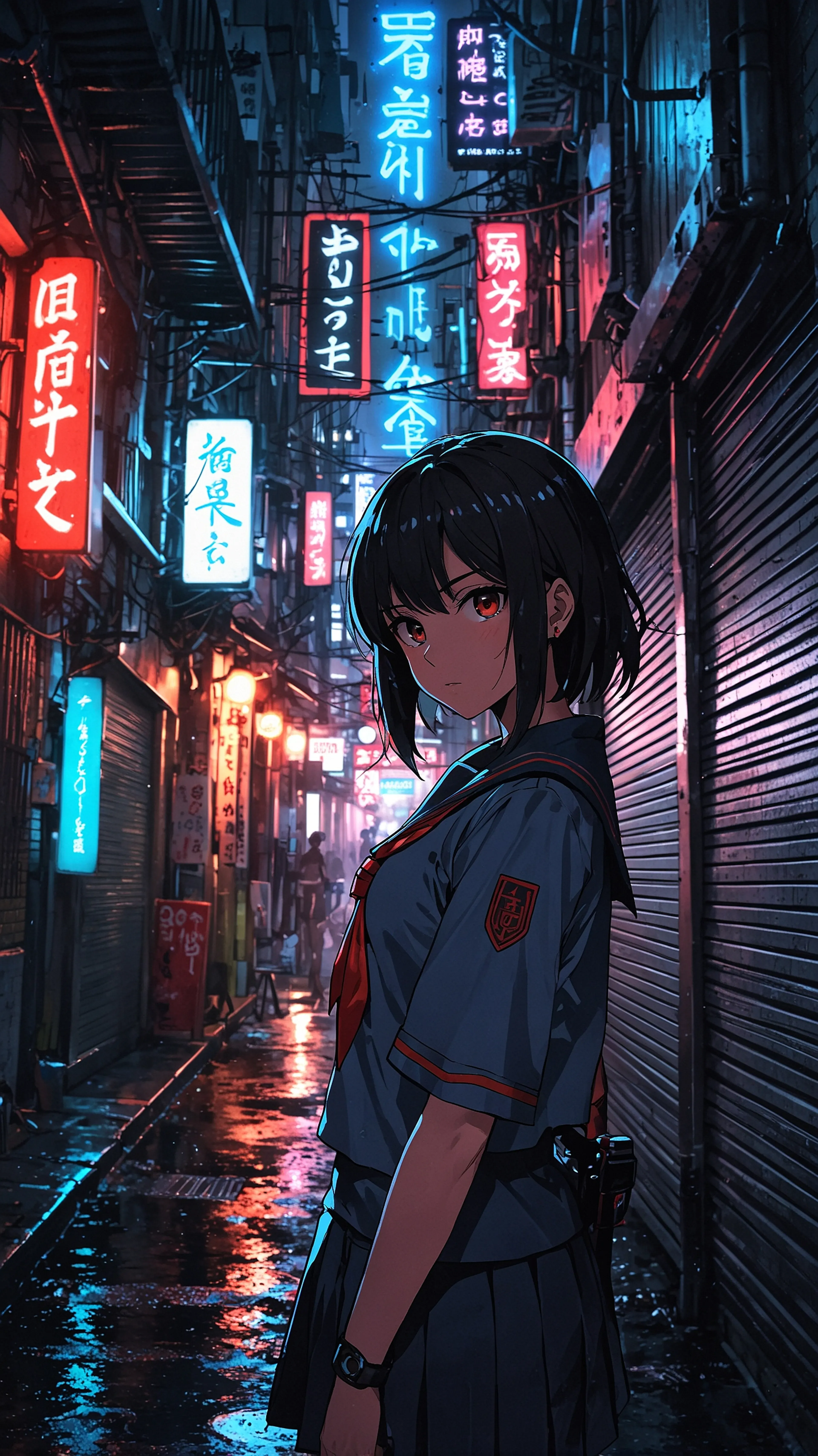 Rainy Night Glance, 4k anime wallpaper, anime, urban fantasy, tokyo, neon, high school student, night scene, detailed, vibrant, cinematic, alleyway, rain, school uniform, side profile