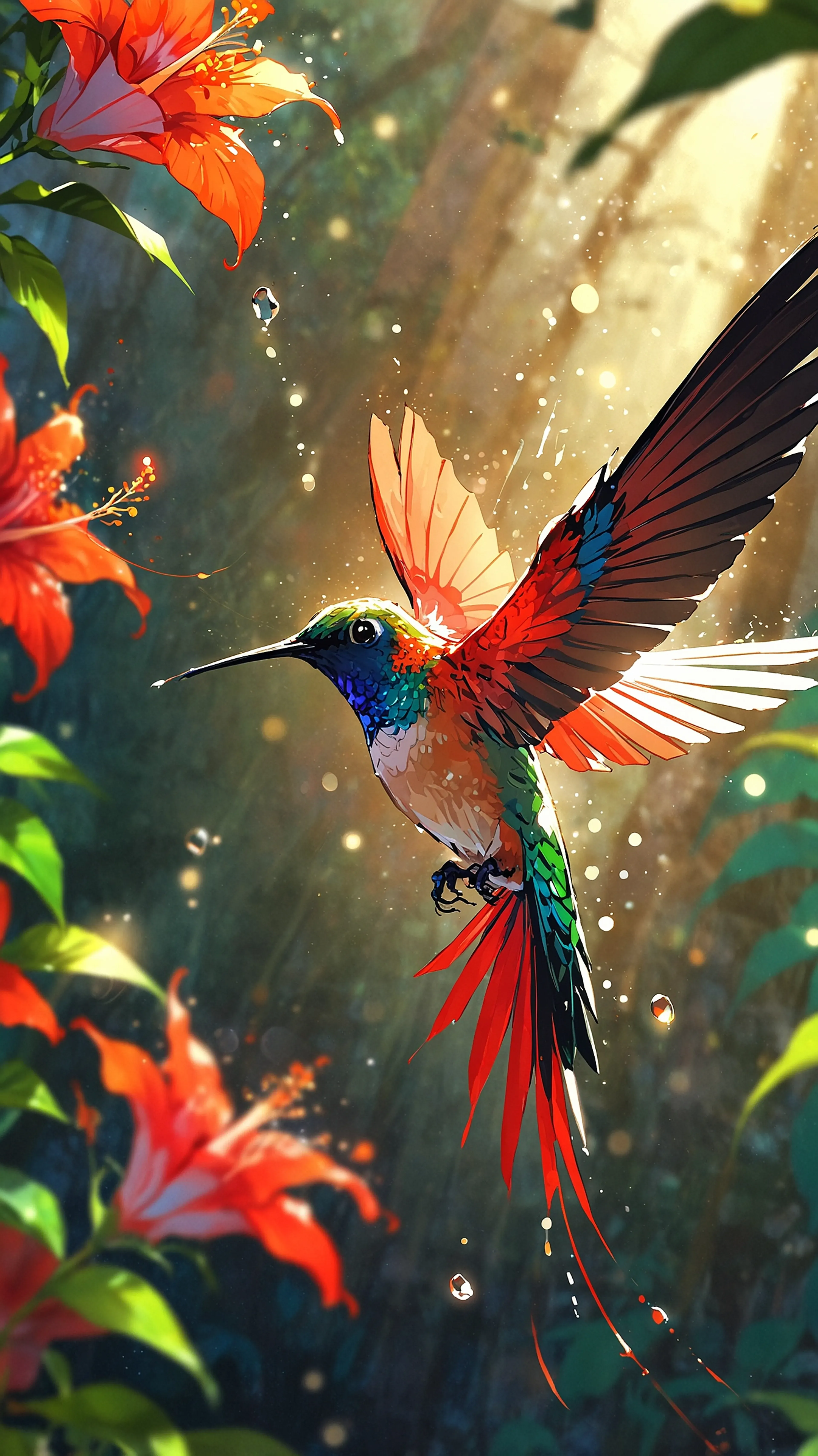Radiant Wings, 4k anime wallpaper, anime, hummingbird, macro, wildlife, flower, nature, close-up, iridescent, delicate, vibrant, bokeh, wings, colorful
