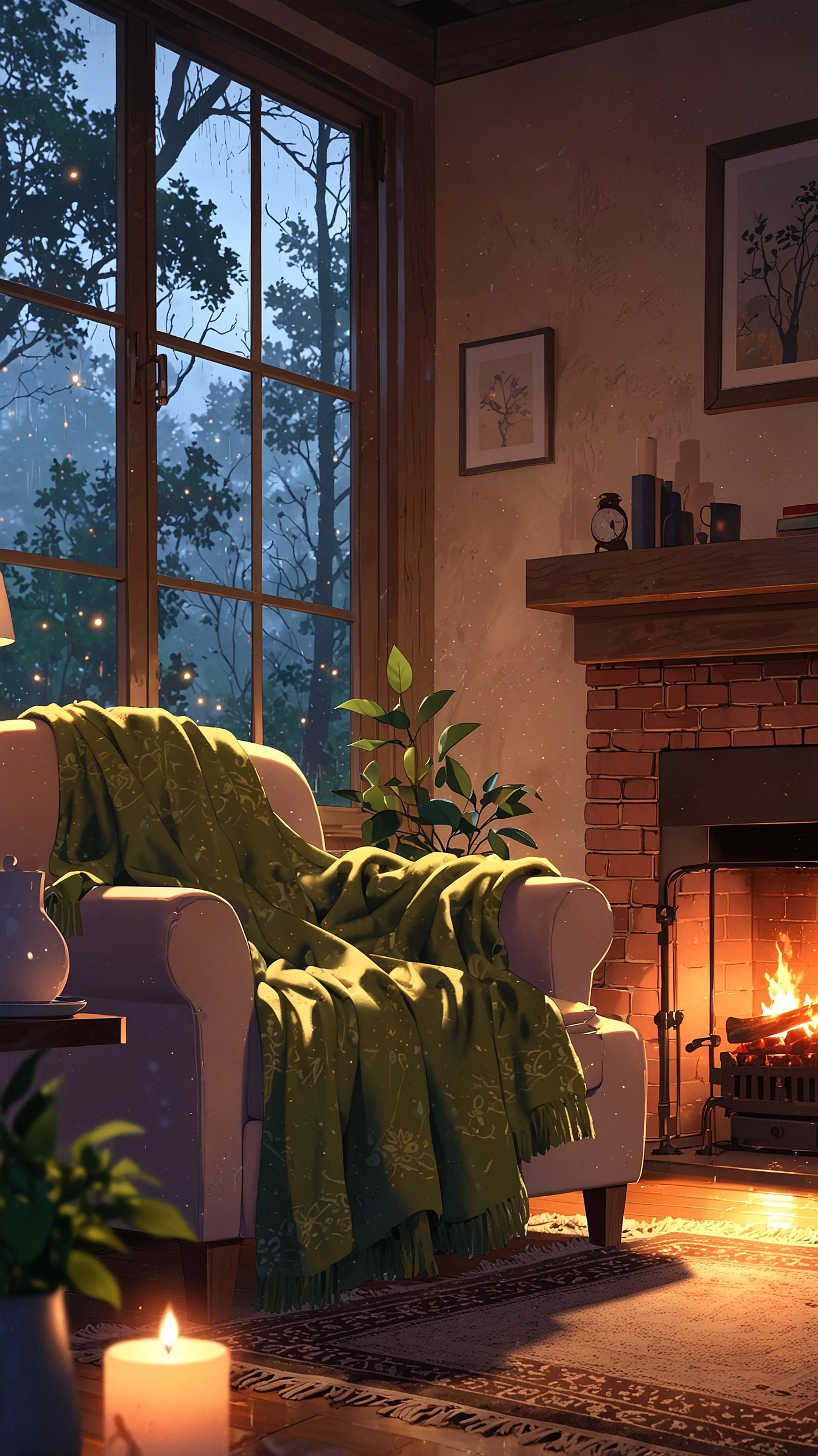 The Warmest Nook, 4k anime wallpaper, anime, cozy, interior, living room, hygge, warm, armchair, blanket, fireplace, books, rainy day, window, comfortable, candle