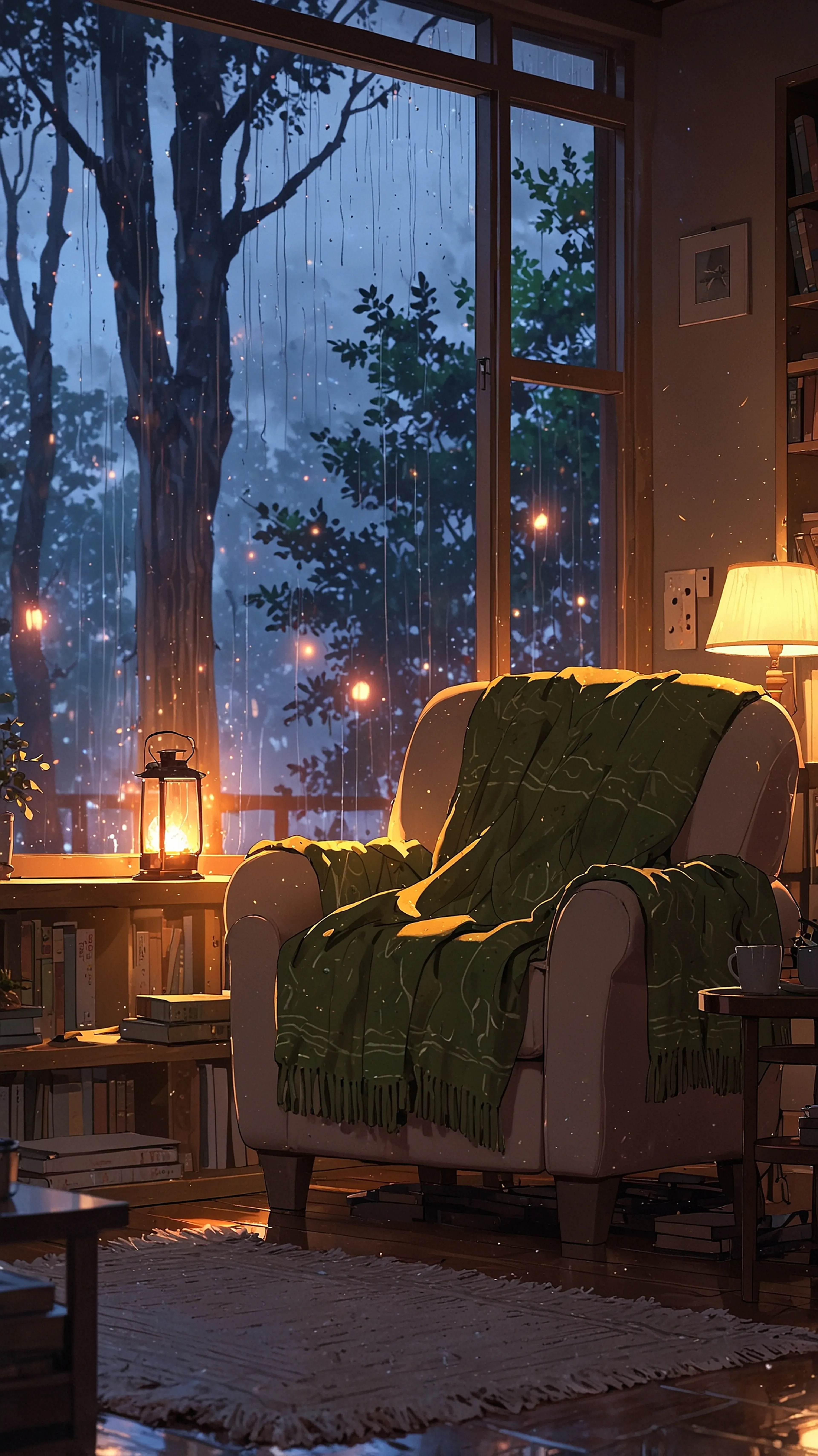 The Lantern Room, 4k anime wallpaper, anime, cozy, interior, living room, hygge, warm, armchair, blanket, lantern, books, rainy day, window, comfortable