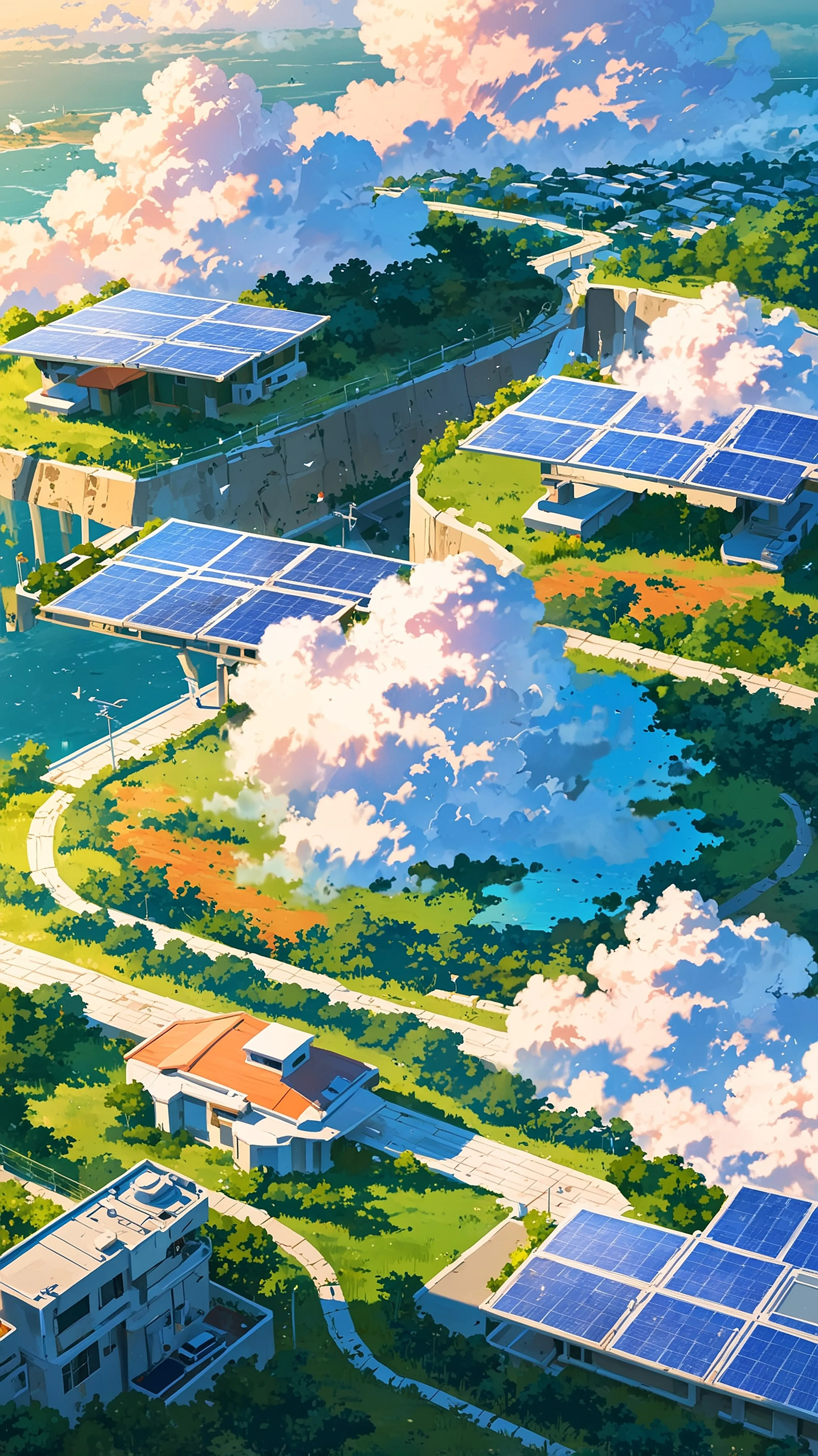 Solarpunk Utopia, 4k anime wallpaper, anime, eco-city, utopian, sunrise, futuristic, green architecture, sustainable, calm, sci-fi, solar panels, clean energy, clouds