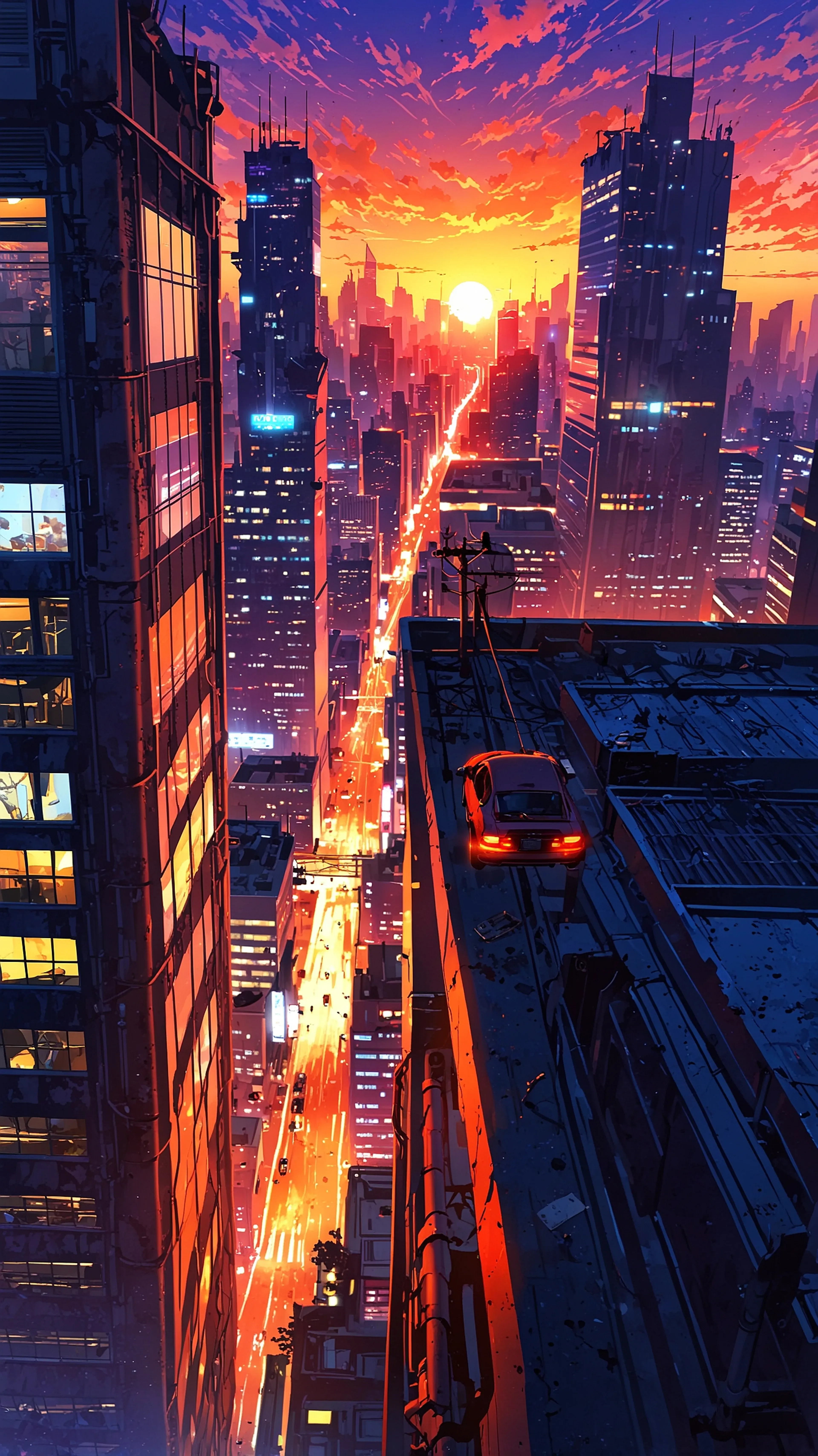 Sunset Horizon, 4k anime wallpaper, anime, cityscape, futuristic, sunset, high angle, urban, sci-fi, architecture, vibrant, orange sky, skyscrapers