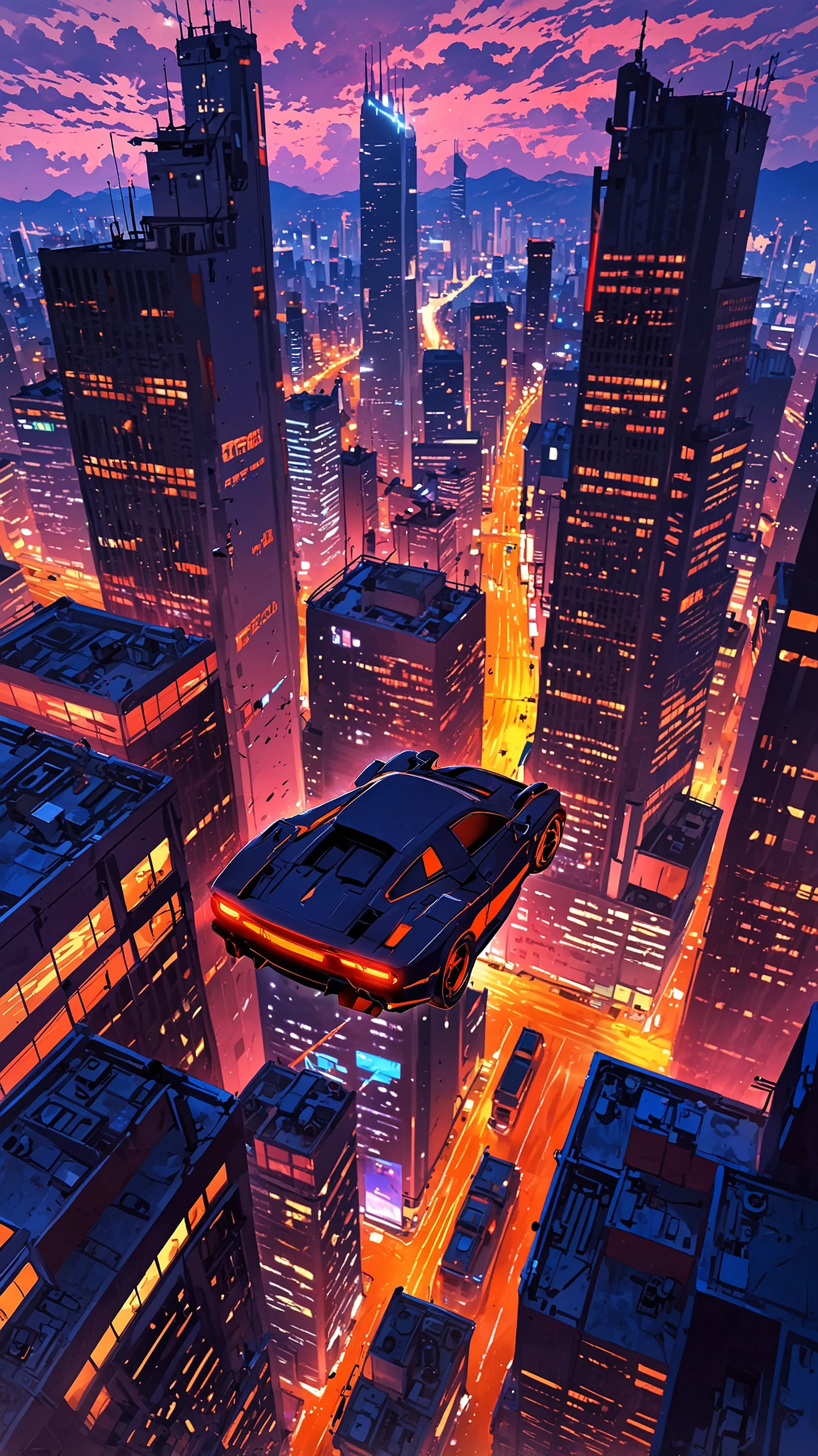Cybernetic Flight, 4k anime wallpaper, anime, cyberpunk, cityscape, futuristic, night, neon, flying car, urban, sci-fi, architecture, vibrant, high angle