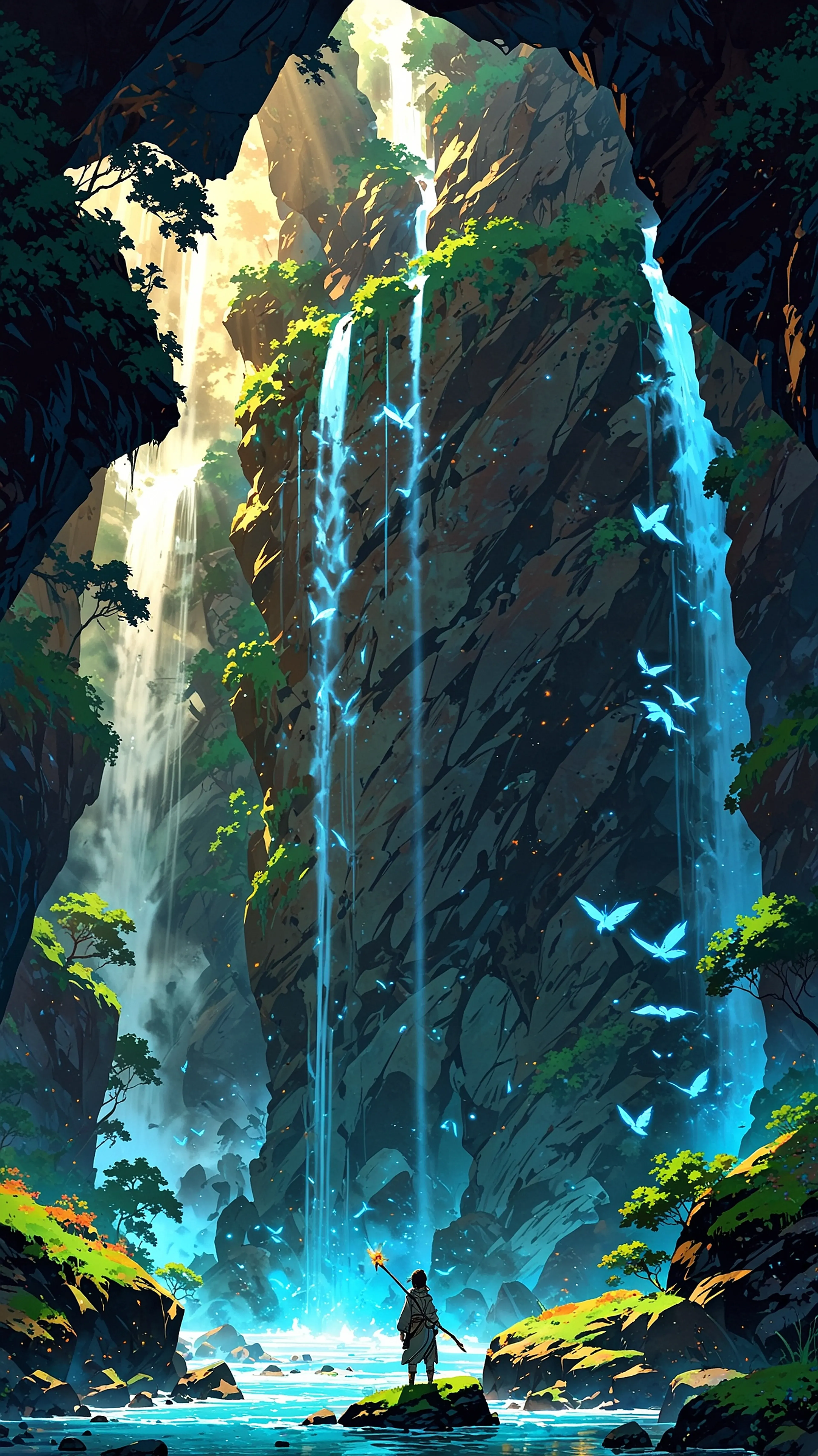 The Soul Stream, 4k anime wallpaper, anime, fantasy, waterfall, cavern, hidden gem, glowing birds, mystical, enchanting, staff, adventurer, cinematic, magical