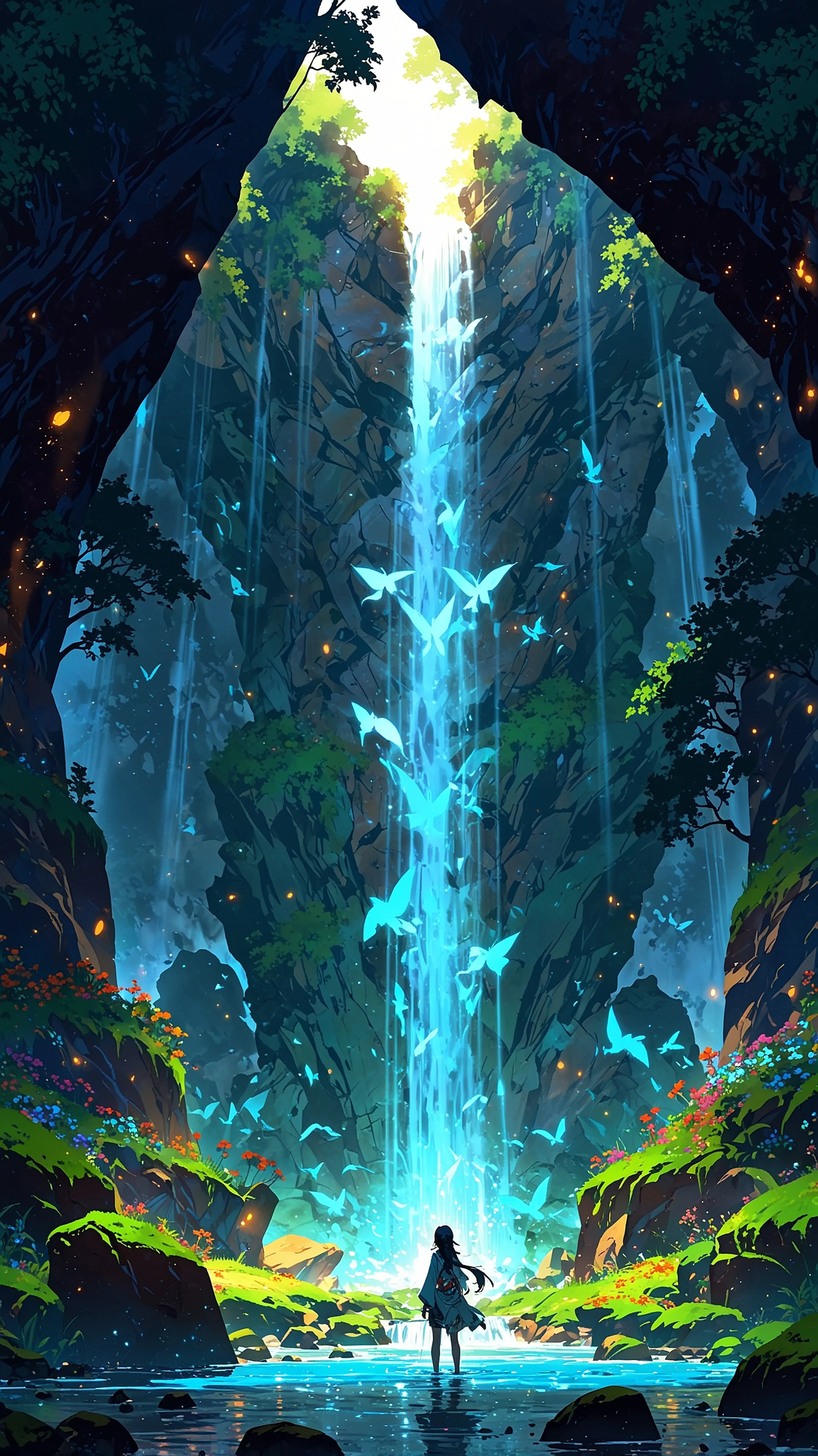 Grotto of Wings, 4k anime wallpaper, anime, fantasy, waterfall, cavern, glowing birds, mystical, enchanting, female character, serene, magical, turquoise water