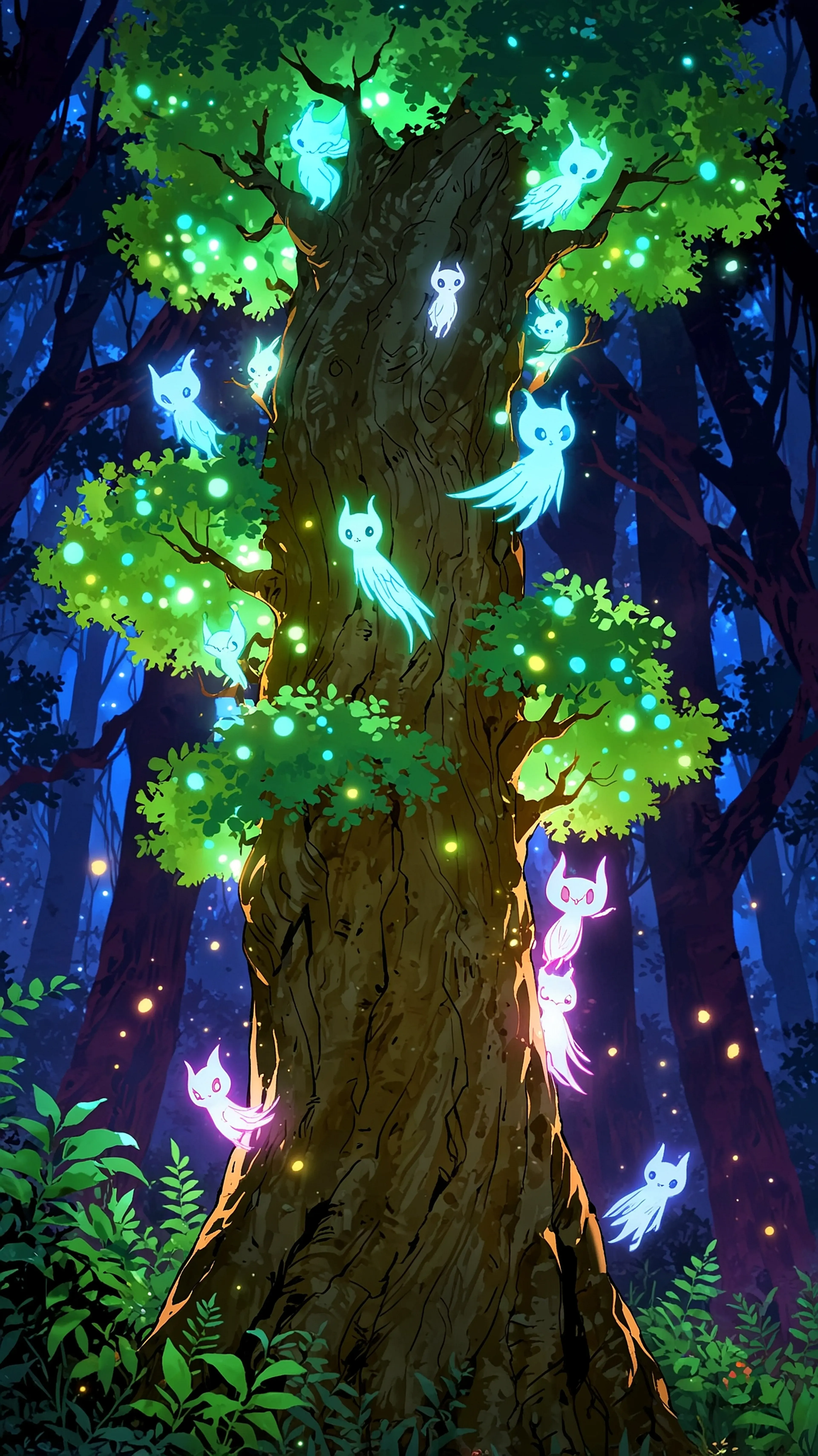 Cat Spirit Grove, 4k anime wallpaper, anime, fantasy, forest, magical, cat spirits, ancient tree, bioluminescent, mystical, folklore, glowing, whimsical, night