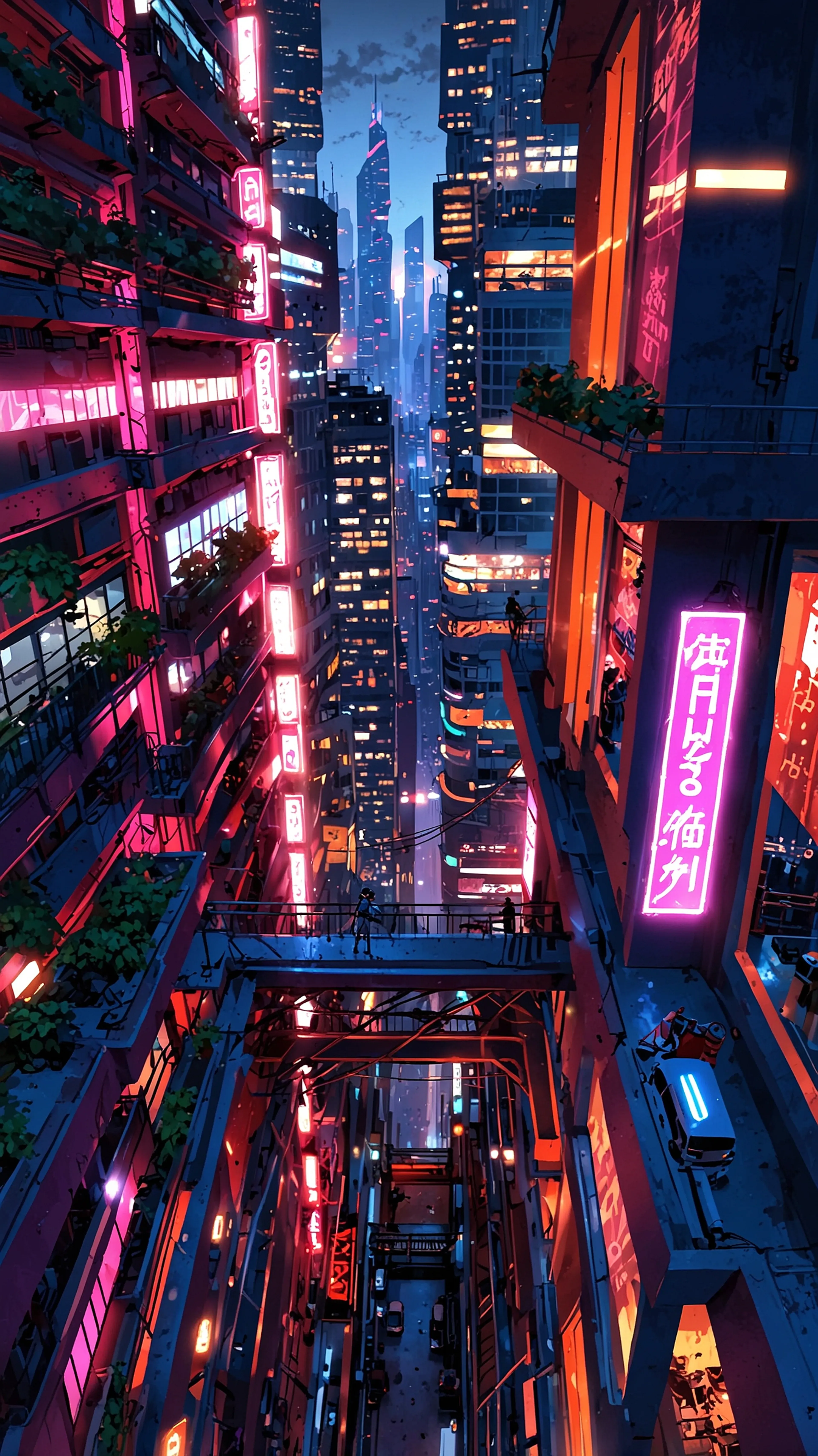 Cyberpunk Alley, 4k anime wallpaper, anime, cyberpunk, cityscape, futuristic, night, neon, urban, sci-fi, architecture, vibrant, high angle, pink, blue, alleyway