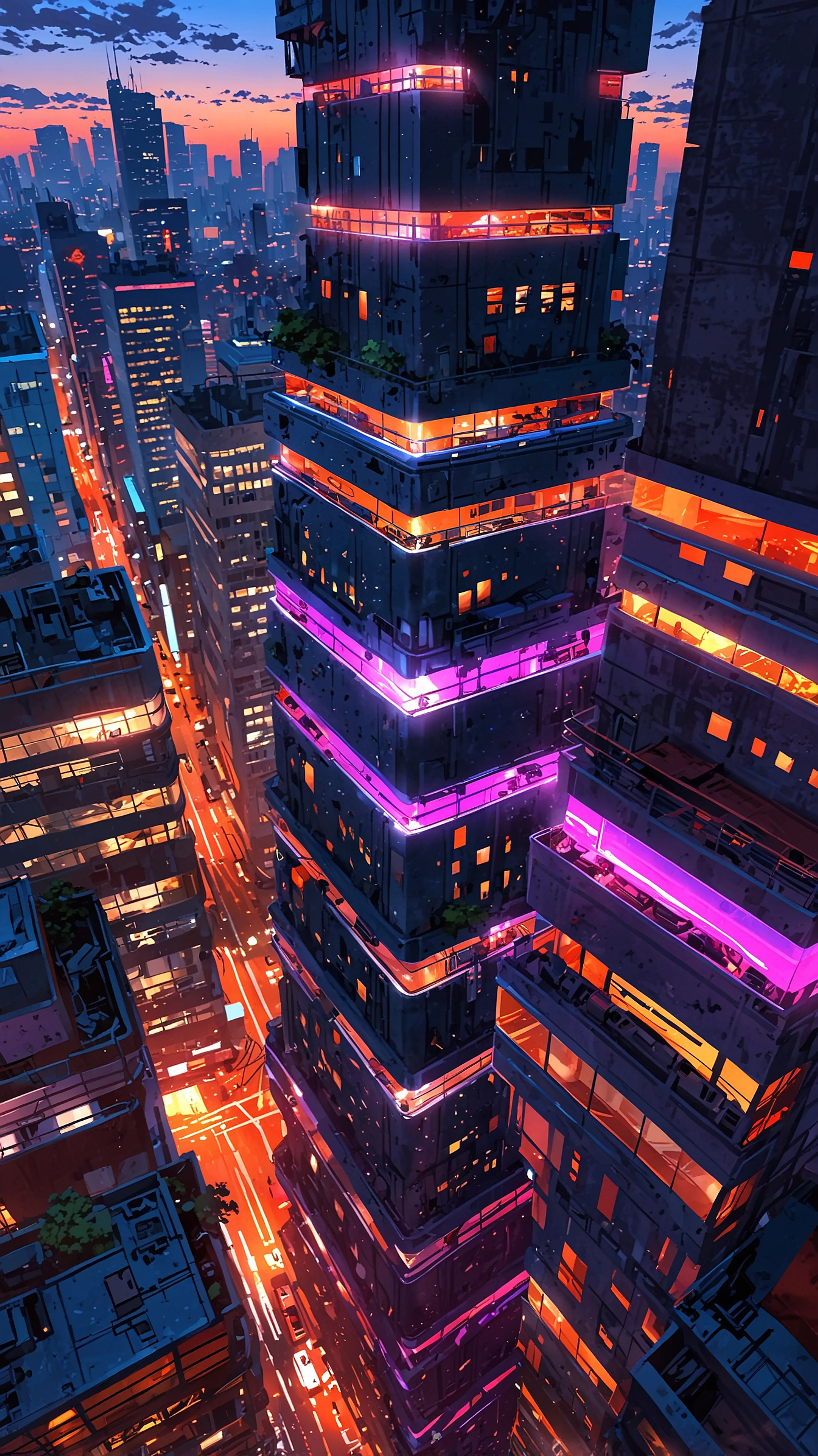 The Violet Spire, 4k anime wallpaper, anime, cyberpunk, cityscape, futuristic, night, neon, urban, sci-fi, architecture, vibrant, high angle, pink, purple, tower