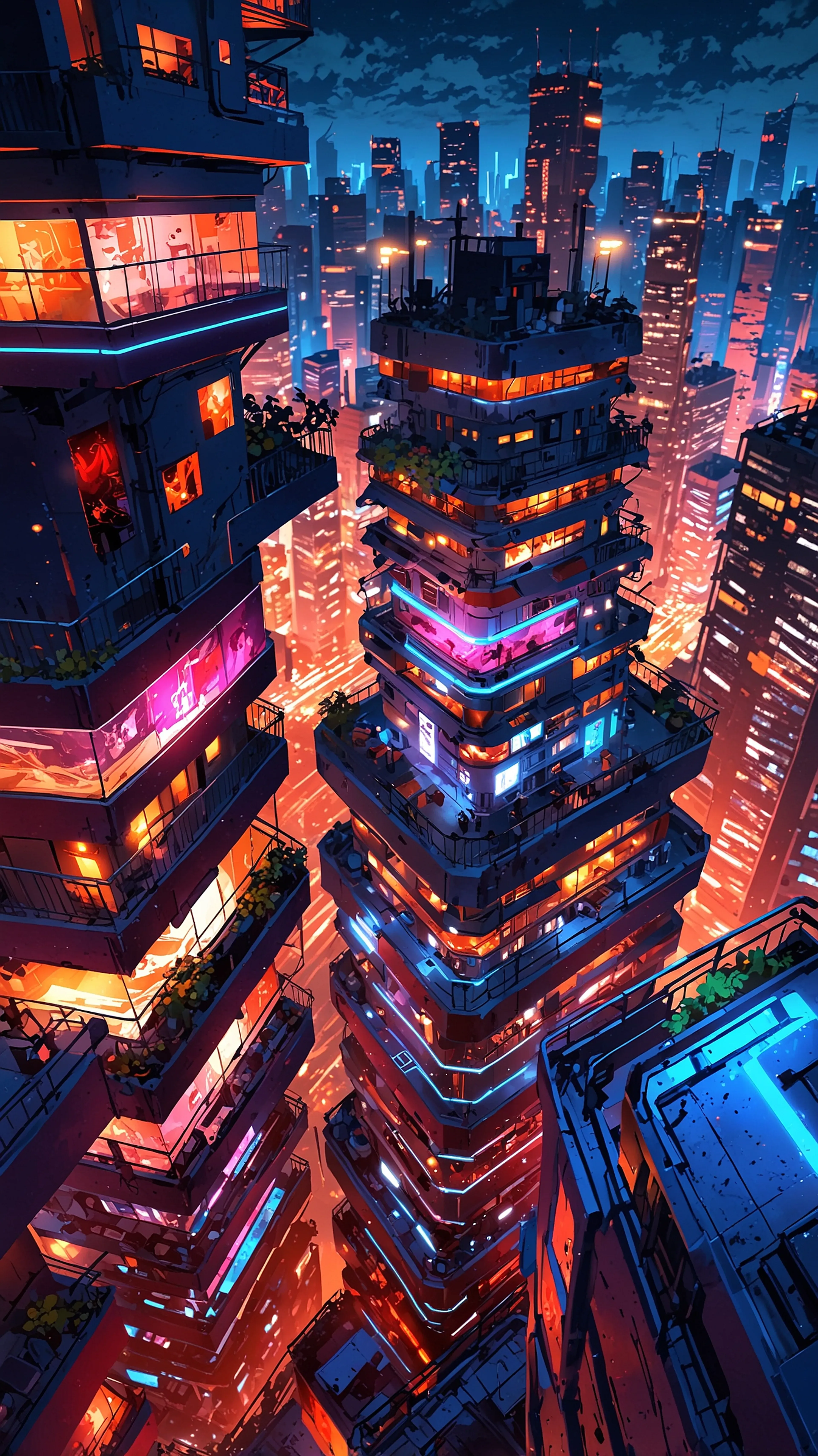 Midnight Spire, 4k anime wallpaper, anime, cyberpunk, cityscape, futuristic, night, neon, urban, sci-fi, architecture, vibrant, high angle, blue, orange, tower