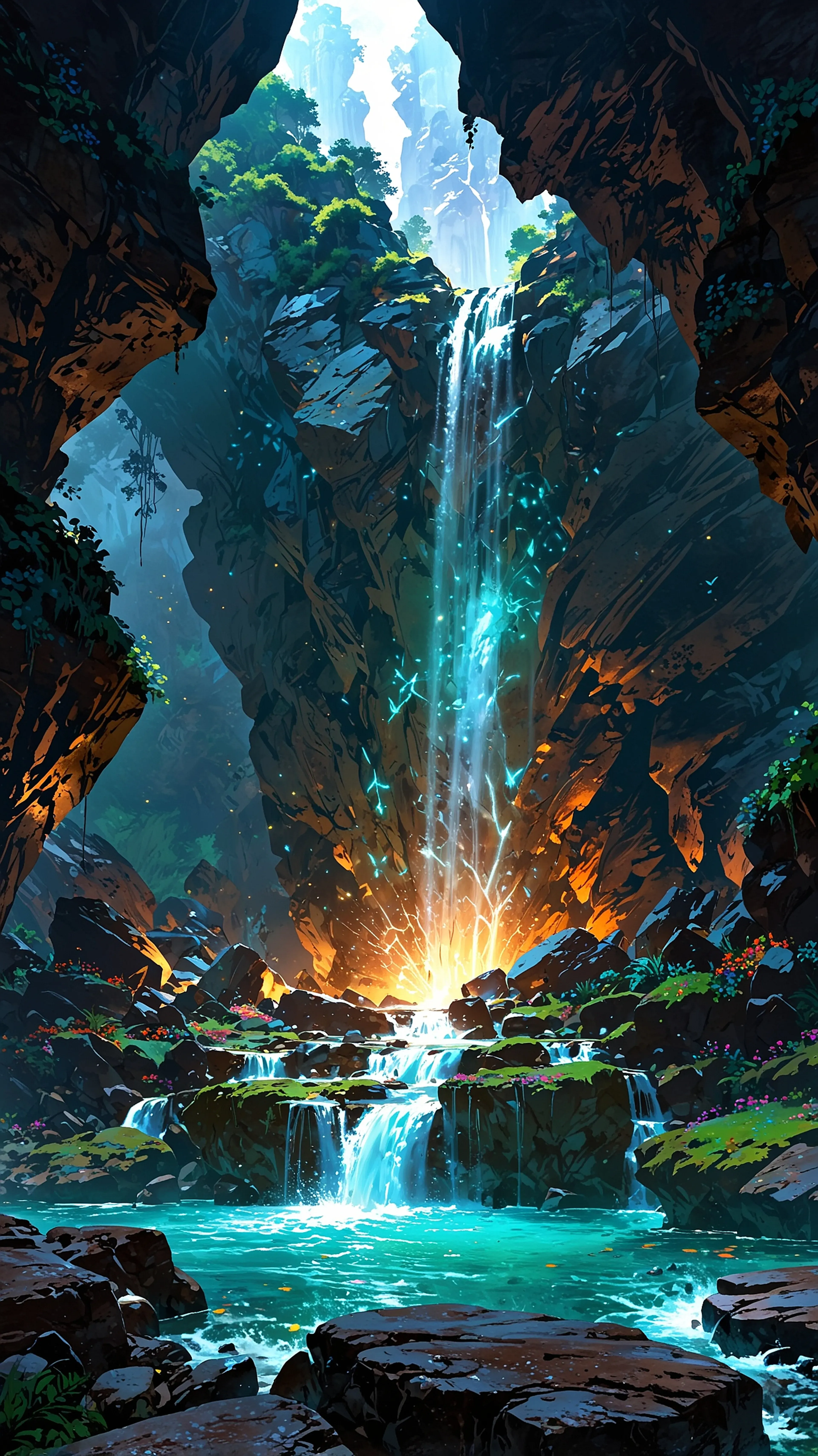 Font of Magic, 4k anime wallpaper, anime, fantasy, waterfall, cavern, mystical, enchanting, magical energy, glowing, light, river, rocks
