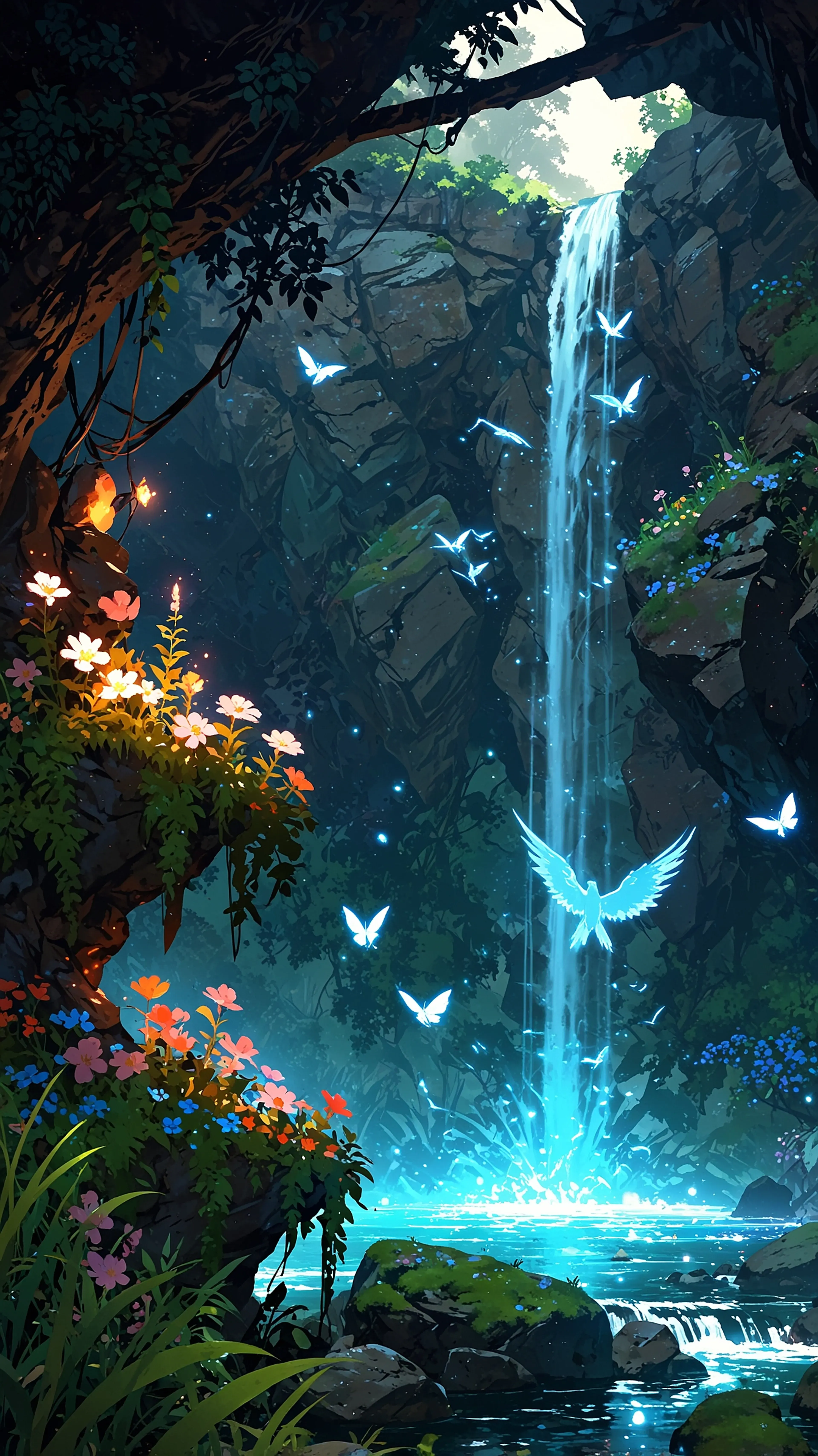 Spring of the Fey, 4k anime wallpaper, anime, fantasy, waterfall, cavern, mystical, enchanting, magical, glowing birds, butterflies, flowers, serene