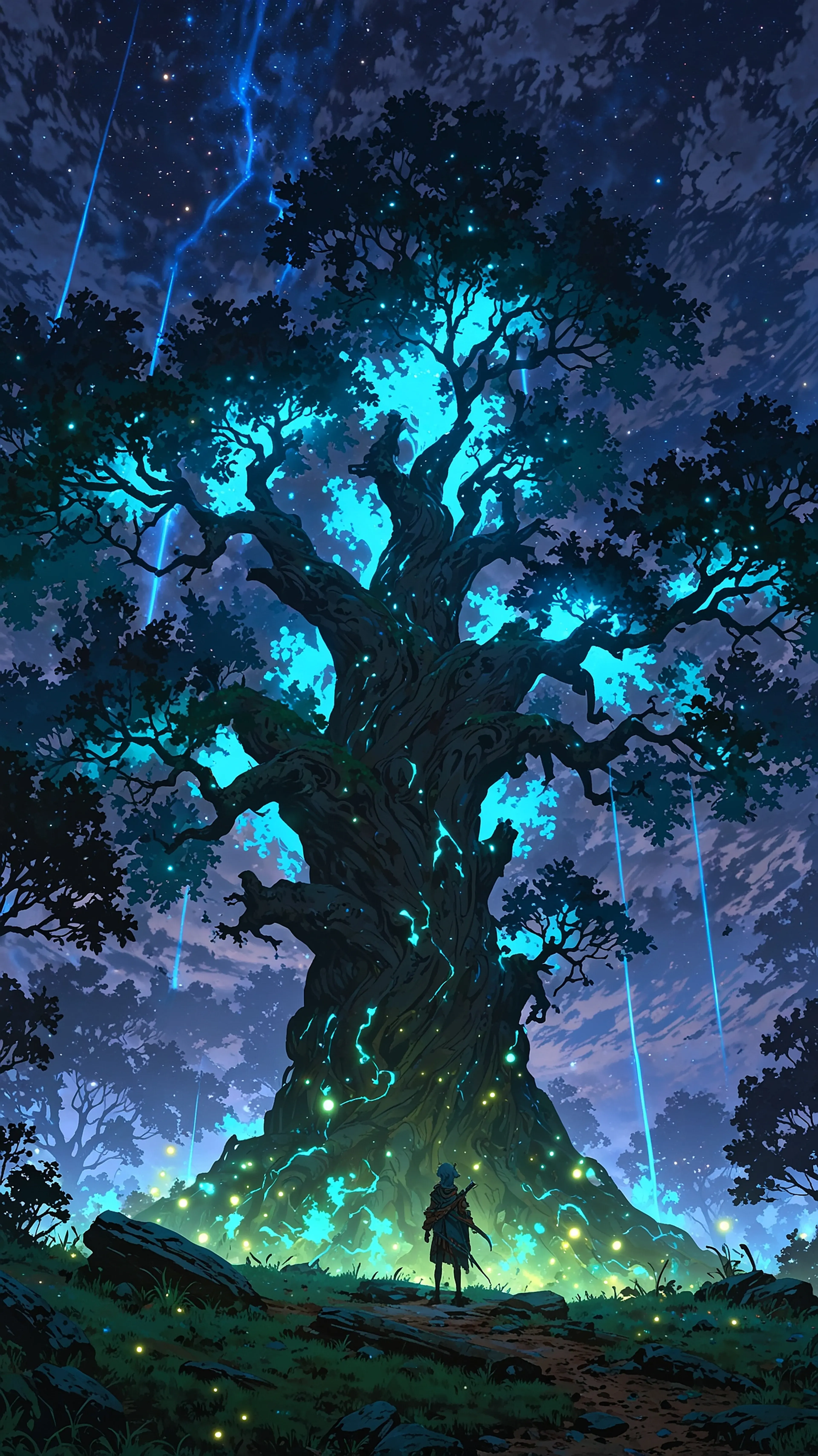 The Cyan Tree, 4k anime wallpaper, anime, fantasy, forest, magical, ancient tree, bioluminescent, mystical, glowing, blue, night, enchanted, epic, adventurer
