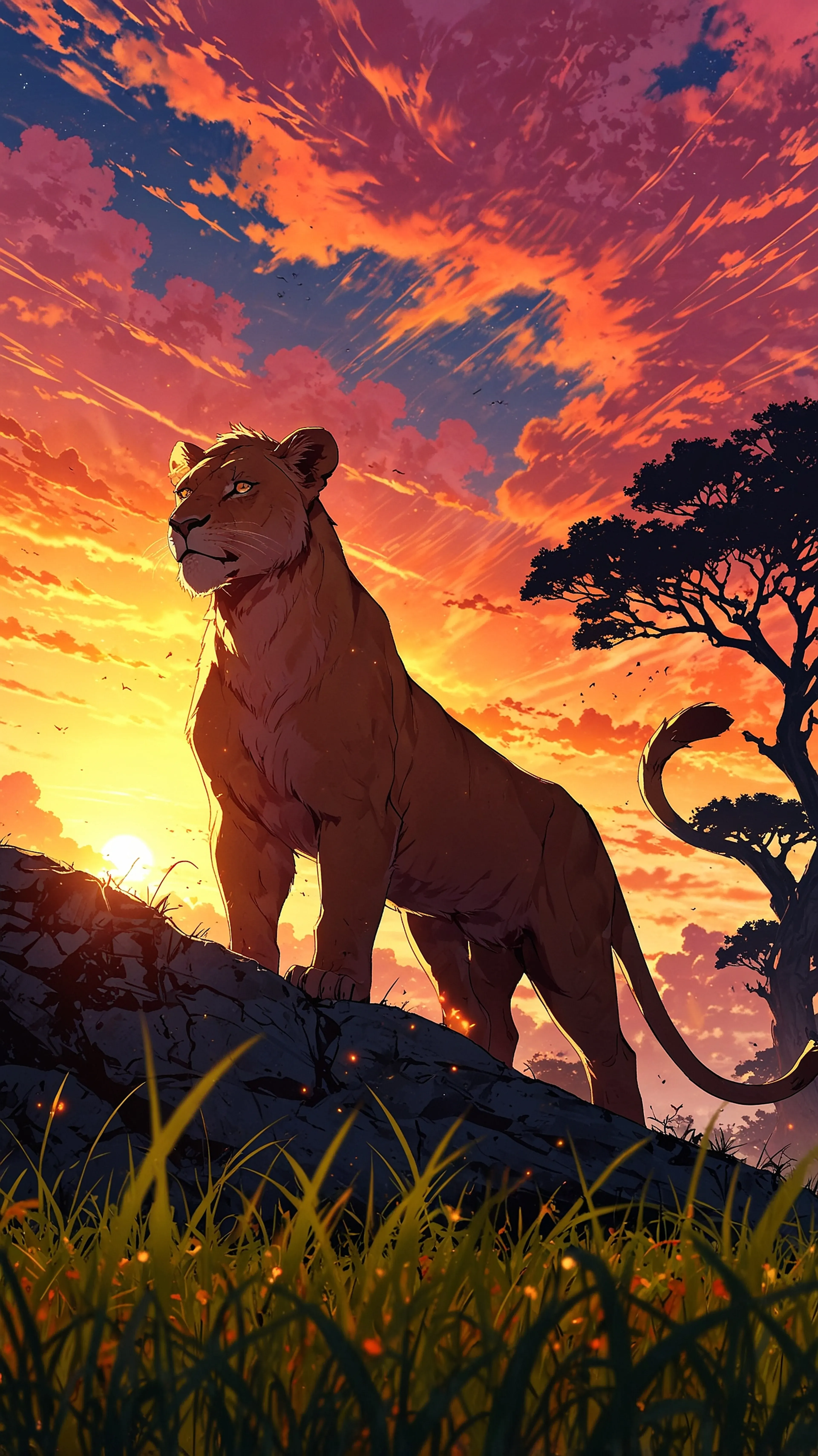 Savanna Queen, 4k anime wallpaper, anime, wildlife, lioness, savanna, sunset, africa, nature, majestic, wide shot, wilderness, golden hour, dramatic sky