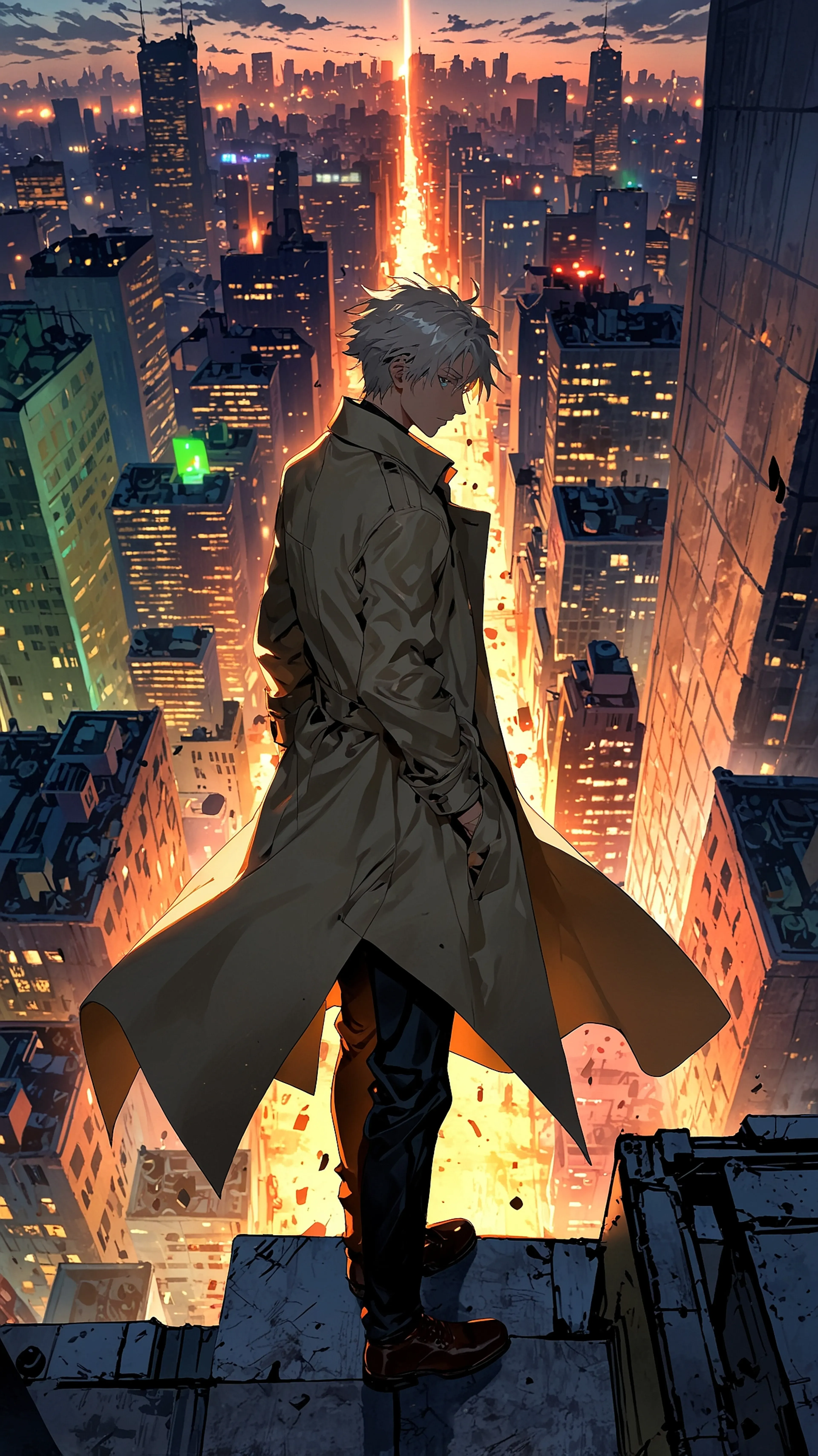 Sunset Vigil, 4k anime wallpaper, anime, urban fantasy, rooftop, cityscape, sunset, male character, white hair, trench coat, glowing, dynamic pose, orange sky