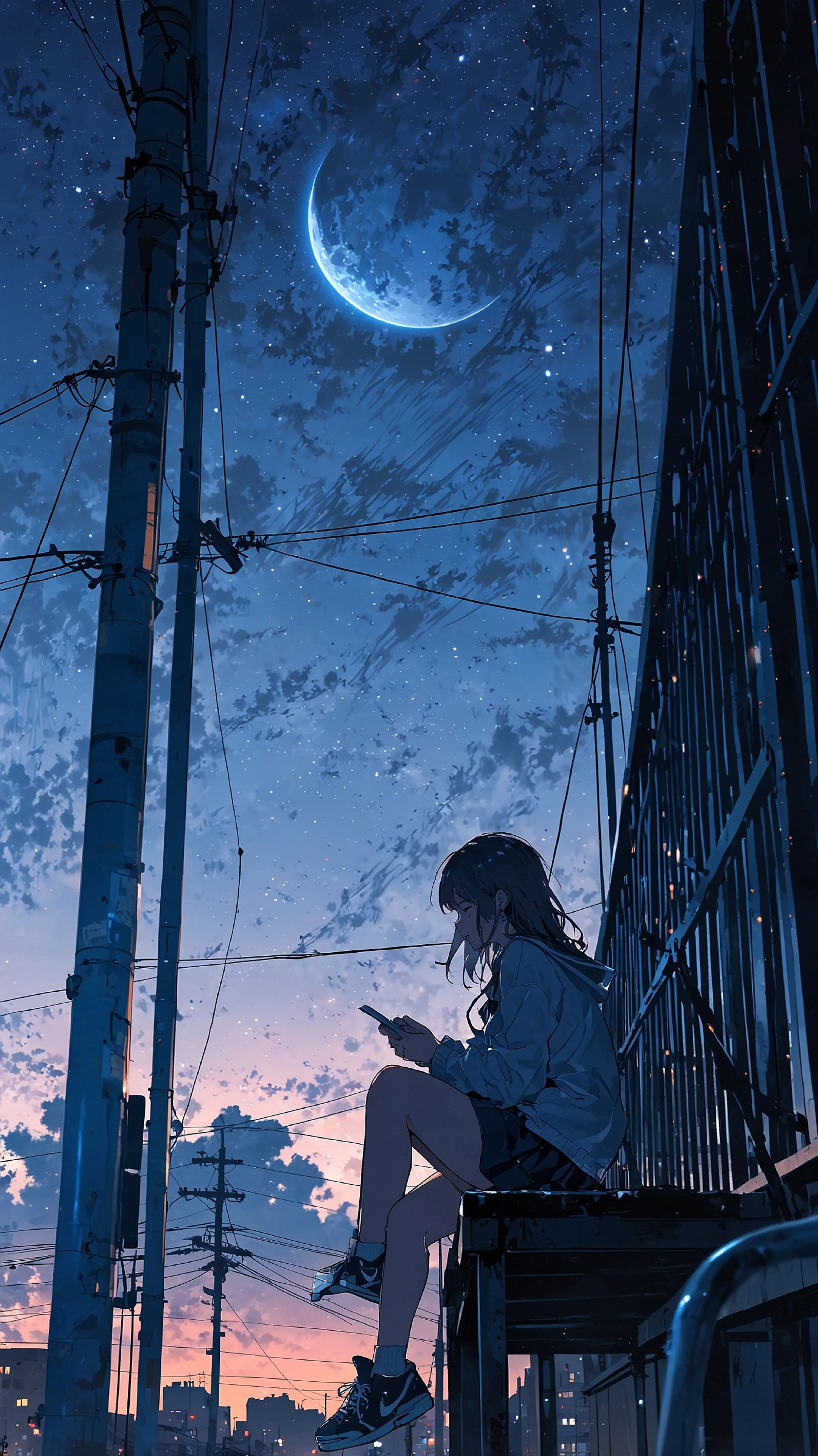 Checking Messages at Dusk – Aesthetic Evening Anime Wallpaper, 4k anime wallpaper, anime dusk wallpaper, evening phone light, aesthetic city night, digital art, moody anime scene
