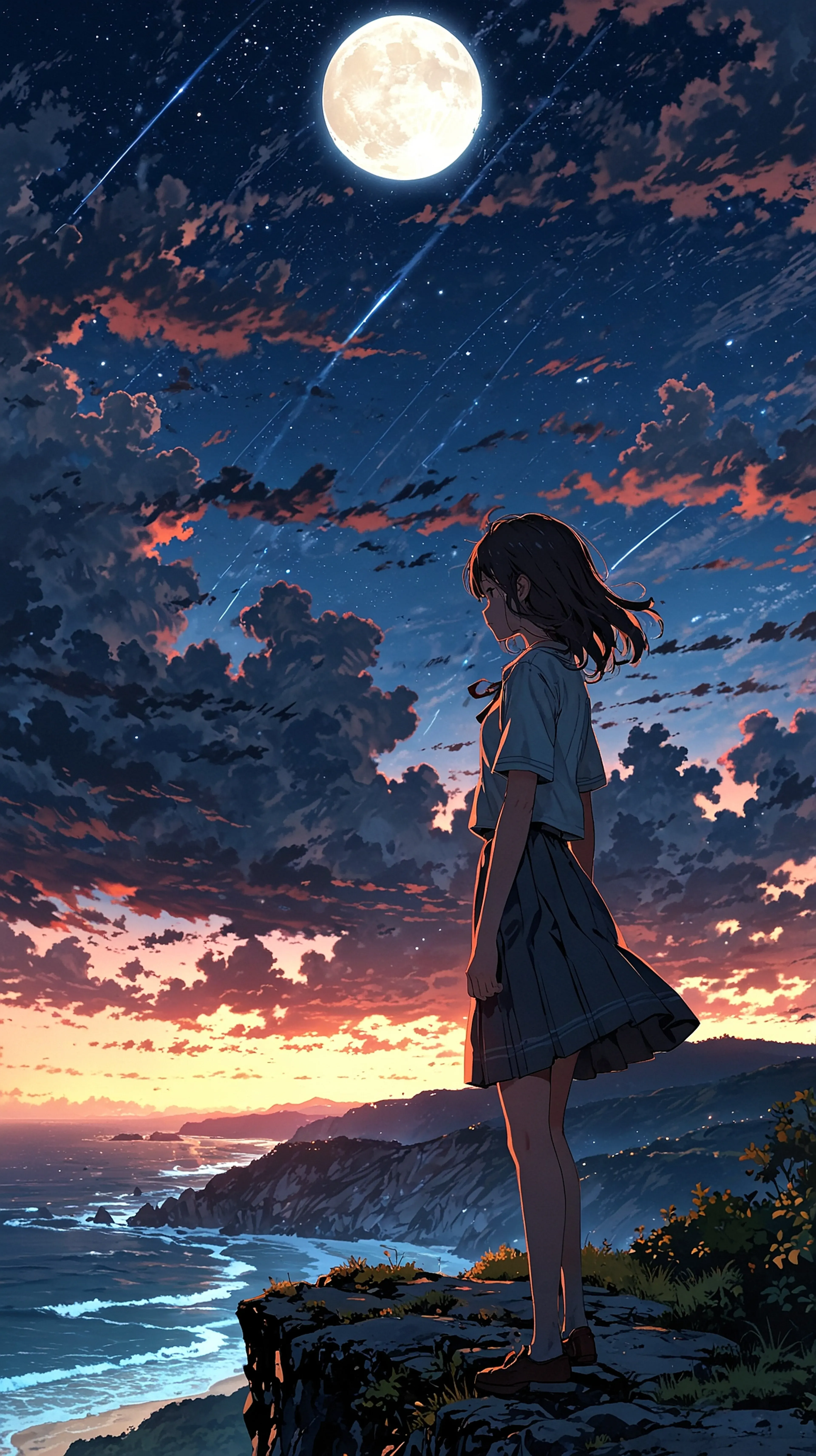 Watching the Coastal Moonrise – Calm Ocean Anime Wallpaper anime wallpaper
