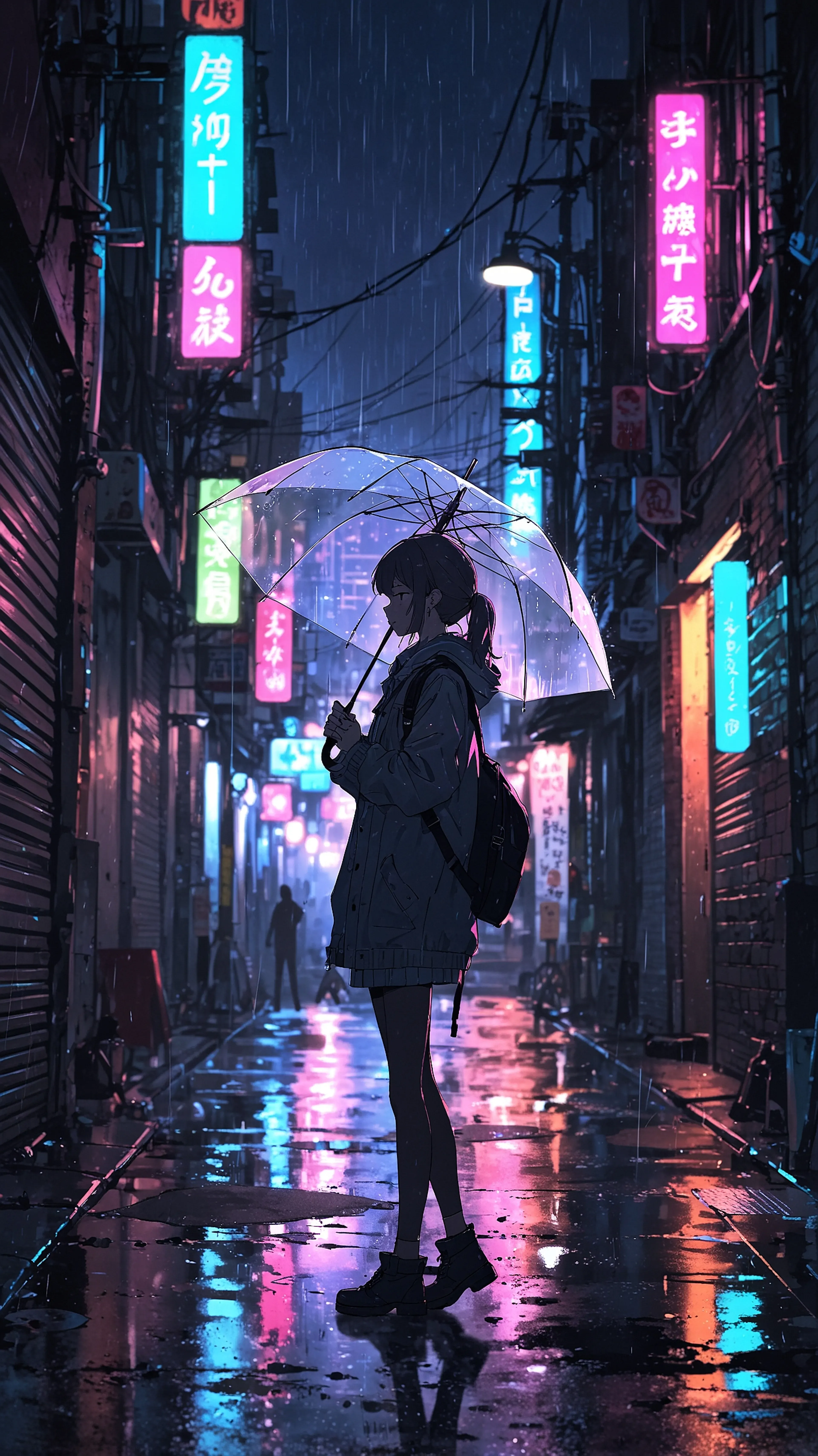 Transparent Umbrella in Neon Rain – Anime Night City Wallpaper, 4k anime wallpaper, neon rain, anime umbrella, reflective street, city night, rainy mood