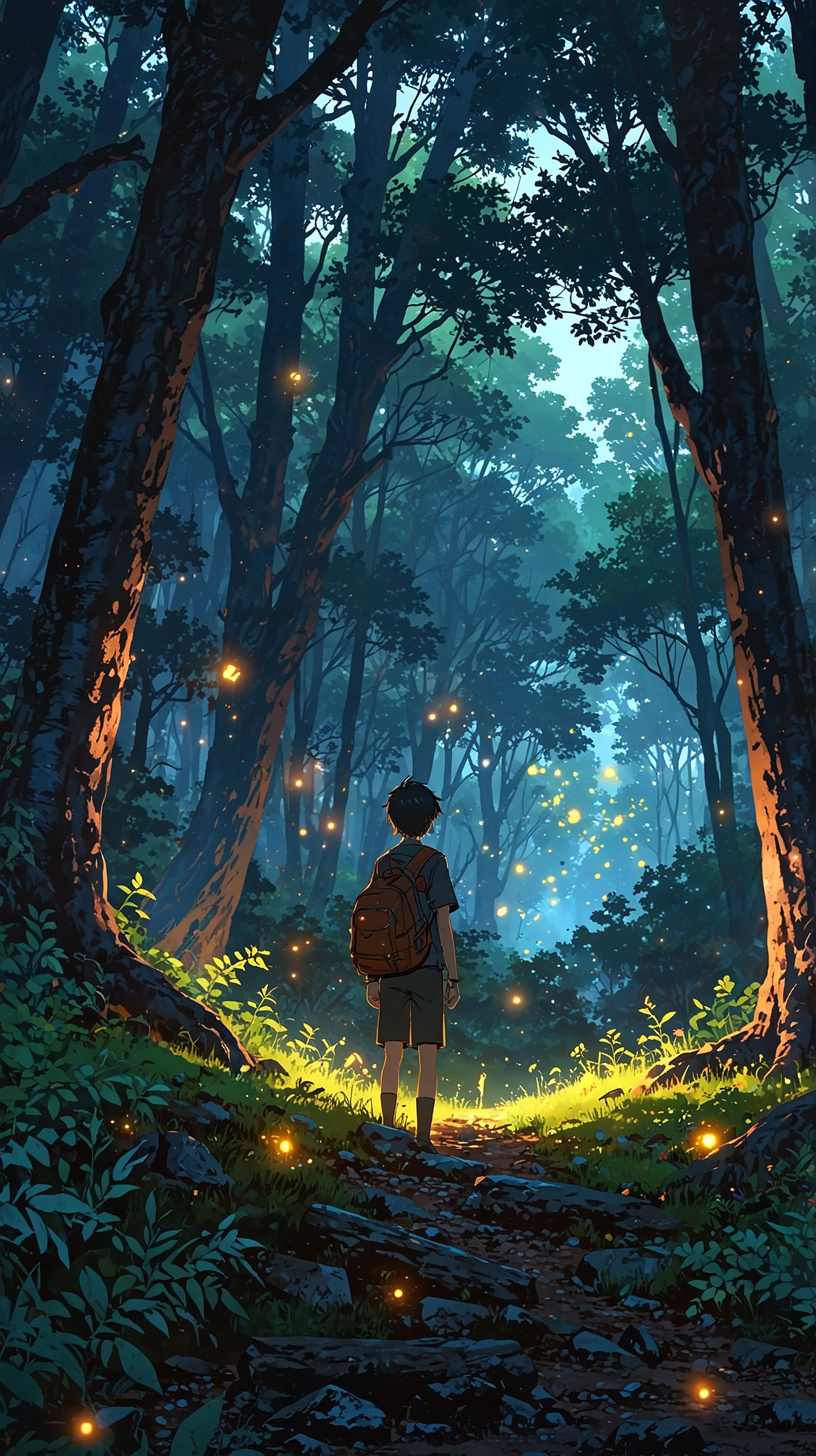 The Whispering Woods Path – Enchanted Forest Anime Wallpaper, 4k anime wallpaper, fantasy forest, glowing trees, anime nature, path in woods, mystical light