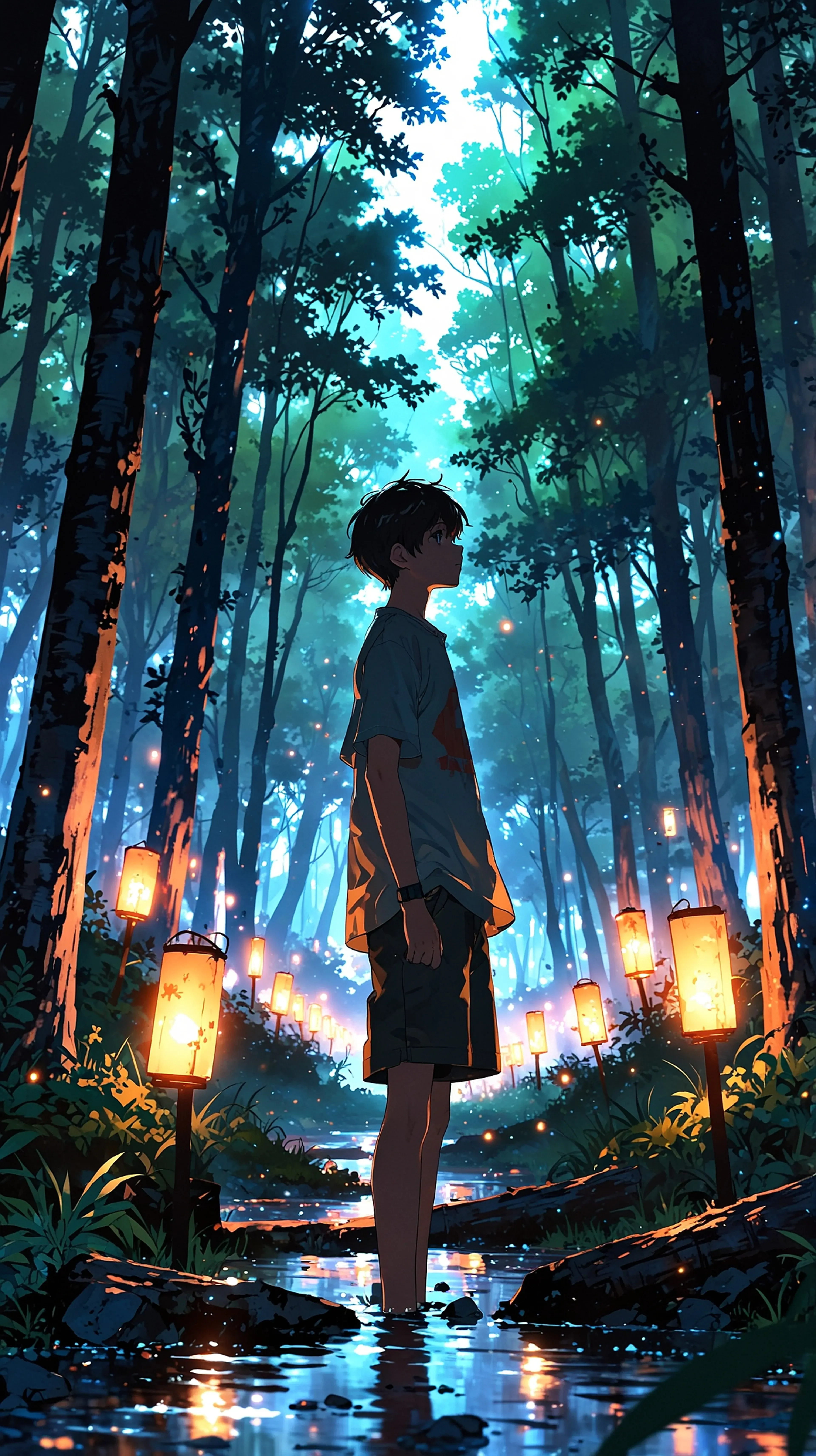 The Lantern-Lined Stream – Peaceful Anime River Wallpaper, 4k anime wallpaper, anime lanterns, glowing stream, calm night, reflective water, festival light