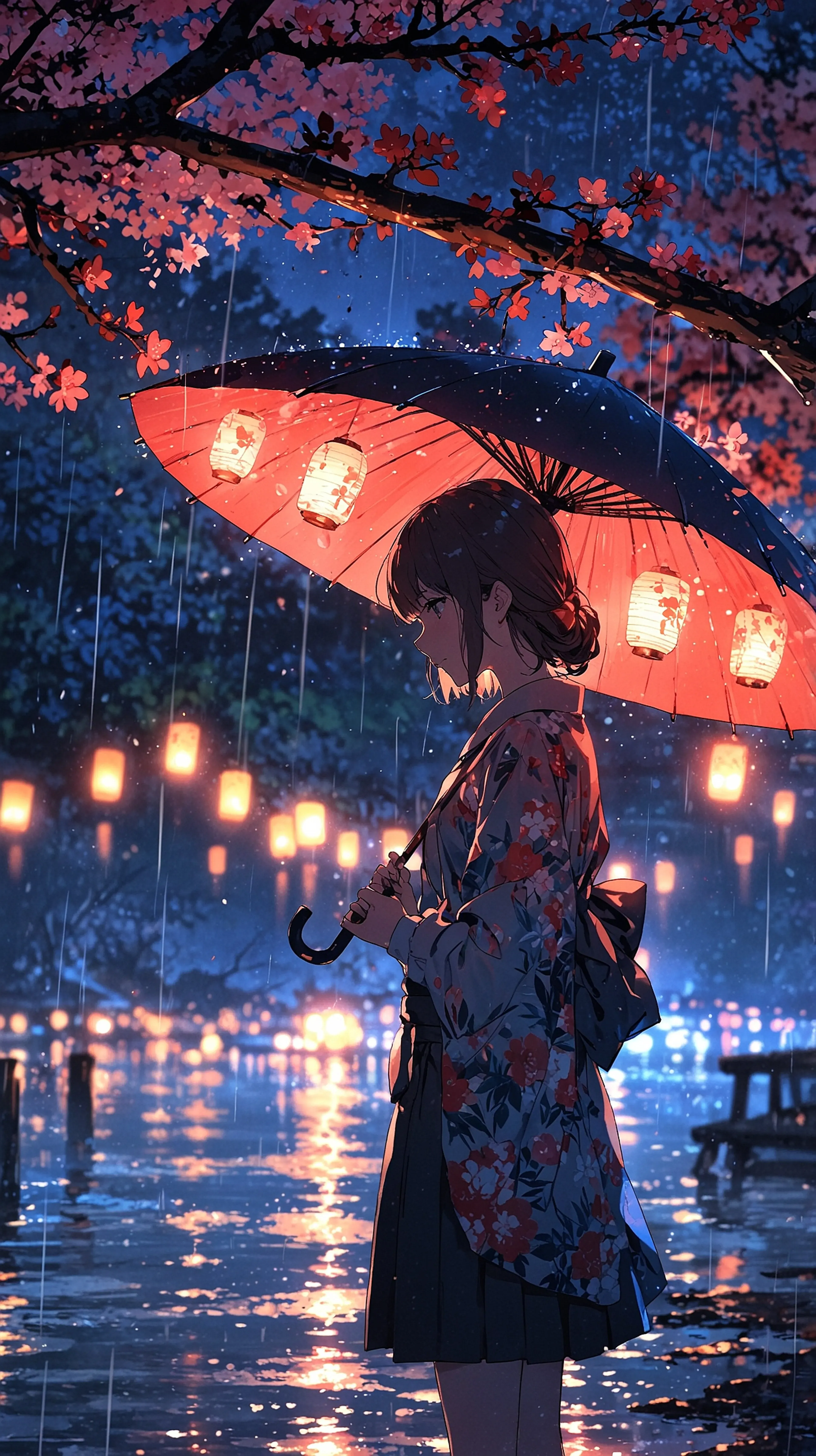 The Glowing Lantern Umbrella – Cozy Anime Rain Wallpaper, 4k anime wallpaper, anime umbrella, glowing light, rainy night, lantern reflection, soft mood