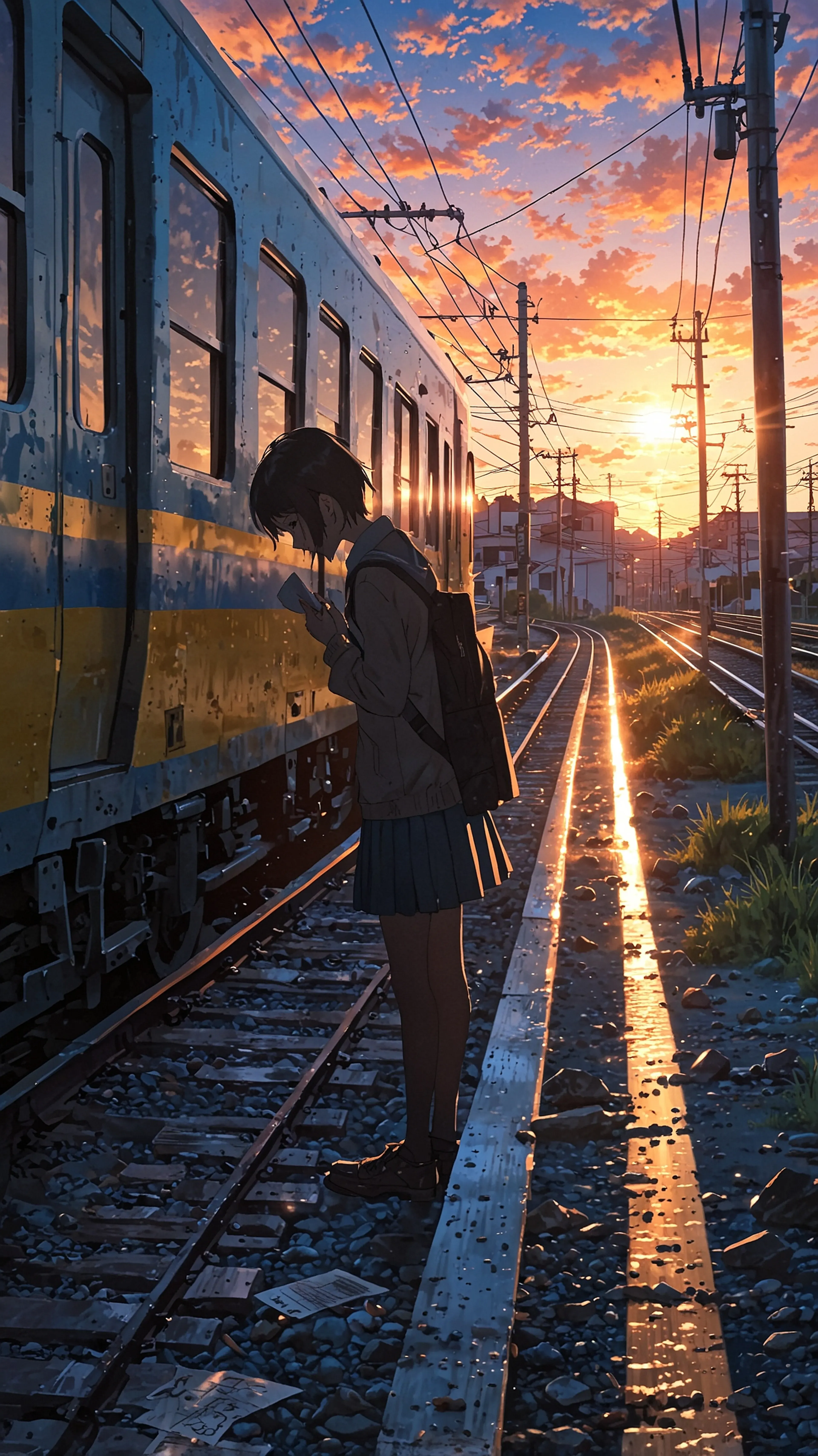 Sunset at the Train Crossing – Romantic Anime Scenery Wallpaper anime wallpaper