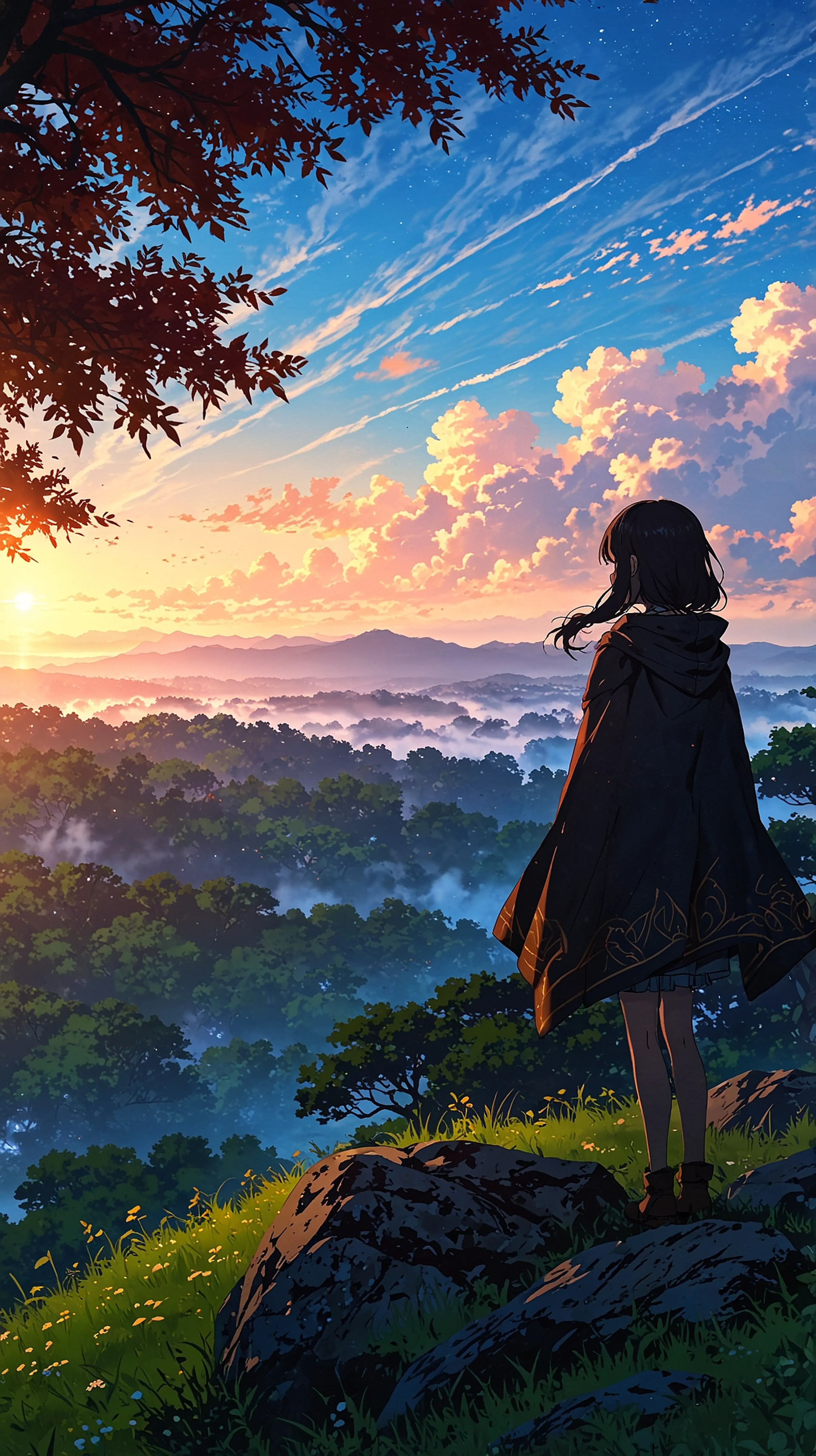 Sunrise Over the Misty Forest – Calm Morning Anime Wallpaper, 4k anime wallpaper, anime sunrise, misty trees, soft light, morning calm, peaceful forest