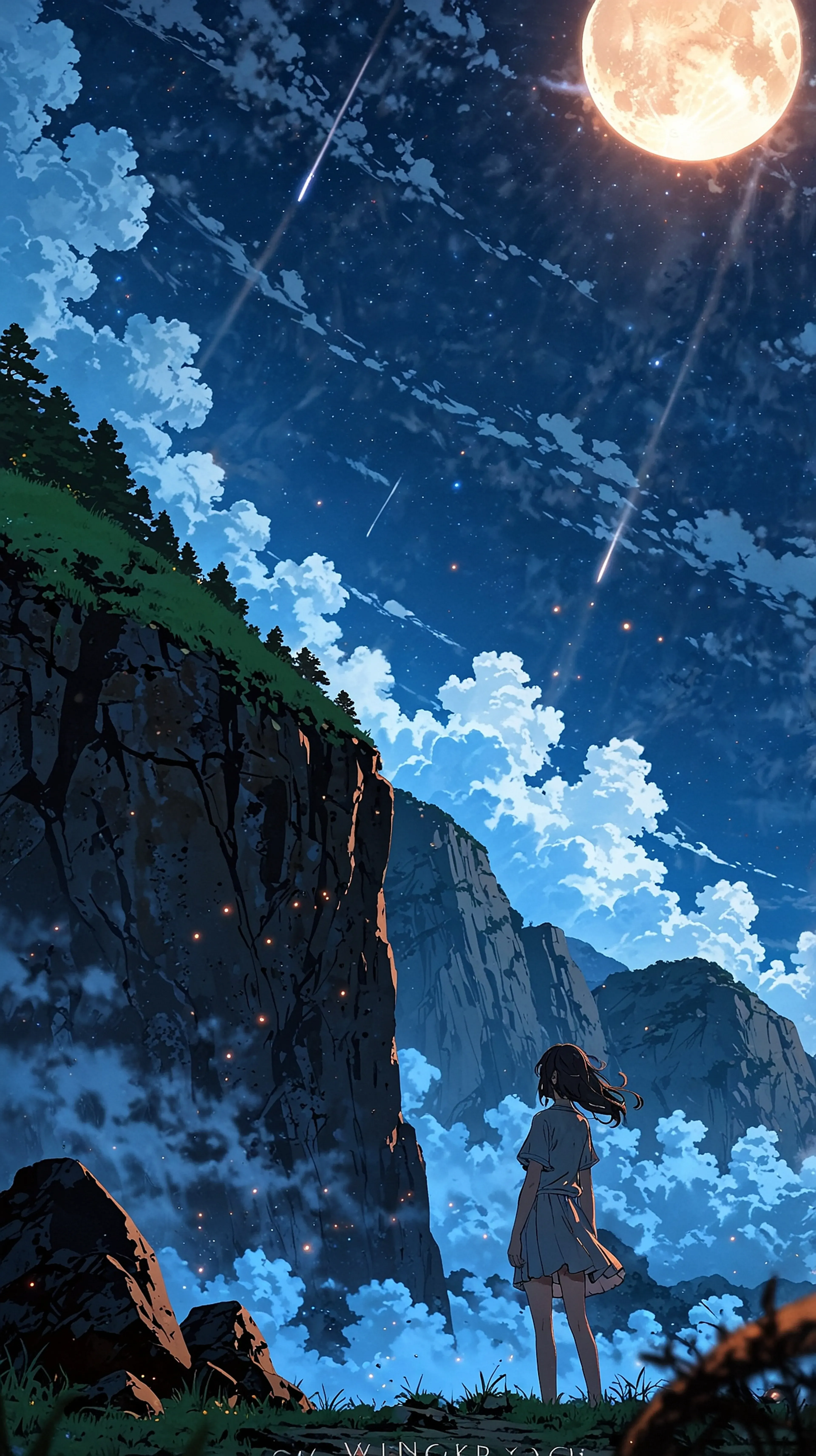Stargazer at the Cliff’s Base – Cosmic Anime Night Wallpaper anime wallpaper