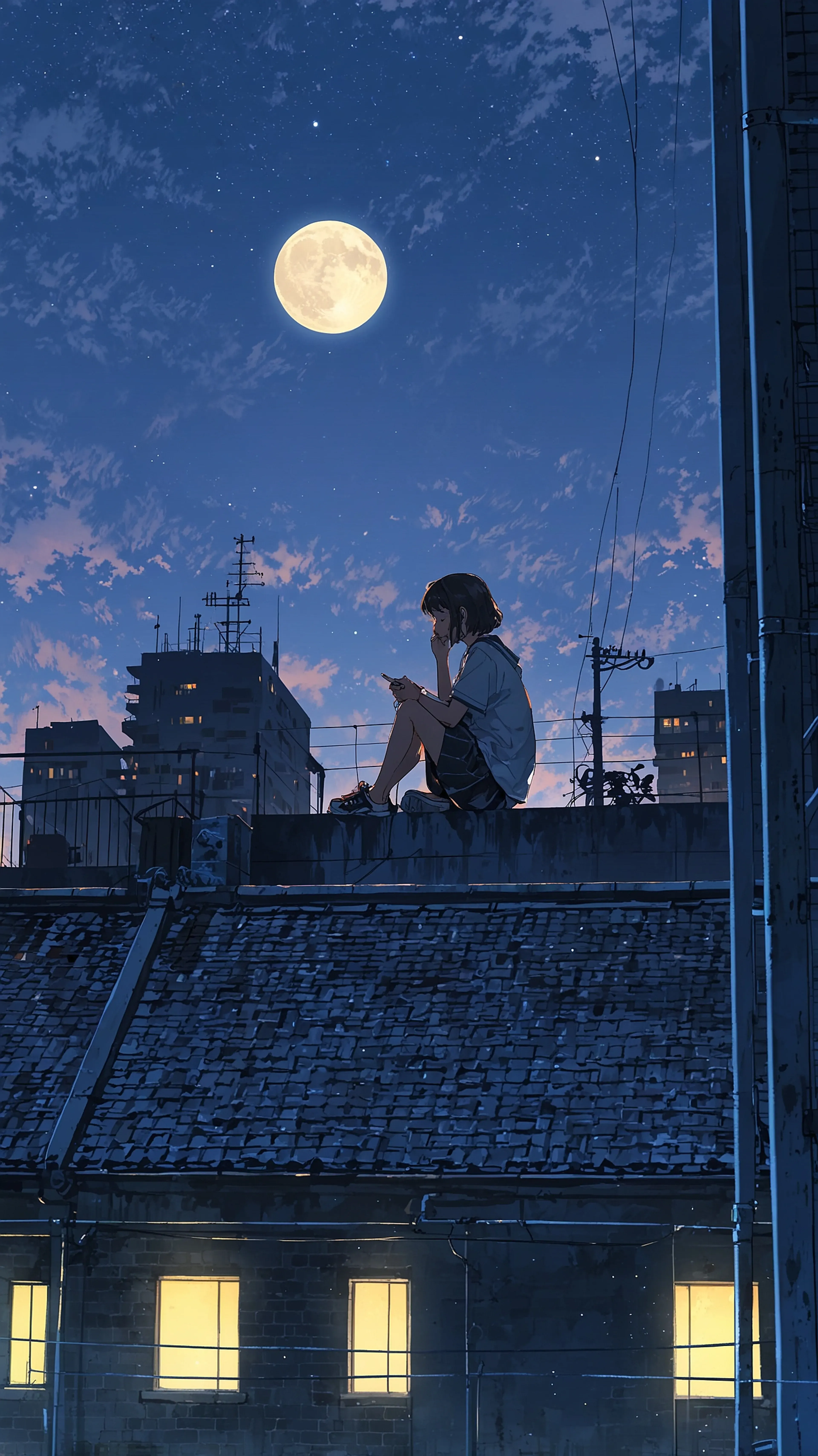 Solitude on the Rooftop – Quiet Night Anime Wallpaper, 4k anime wallpaper, anime rooftop, solitude, night sky, peaceful scene, starry city view
