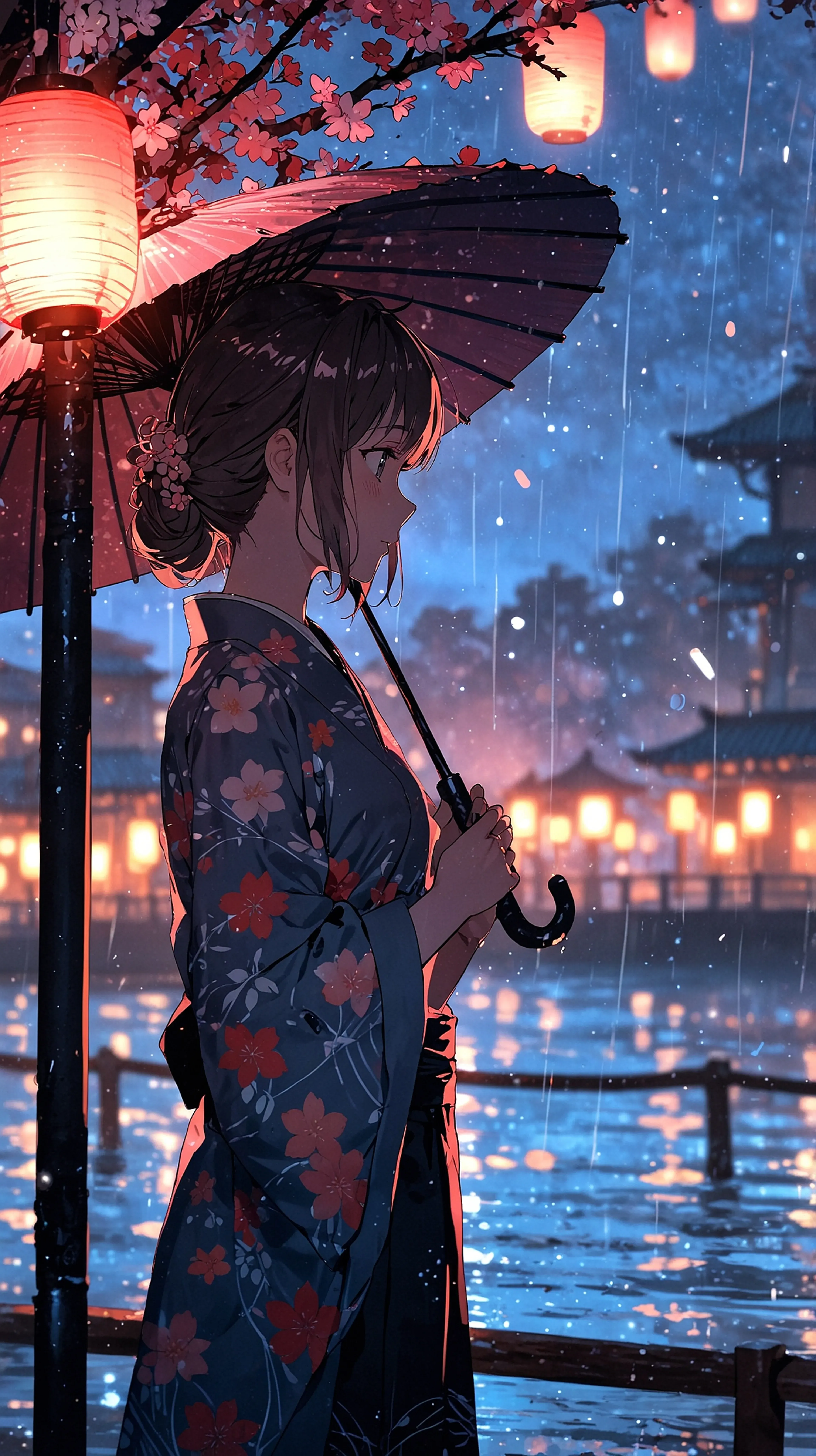 Serene Lantern Stroll – Tranquil Anime Night Wallpaper, 4k anime wallpaper, anime lanterns, soft night, peaceful walk, festival light, glowing path
