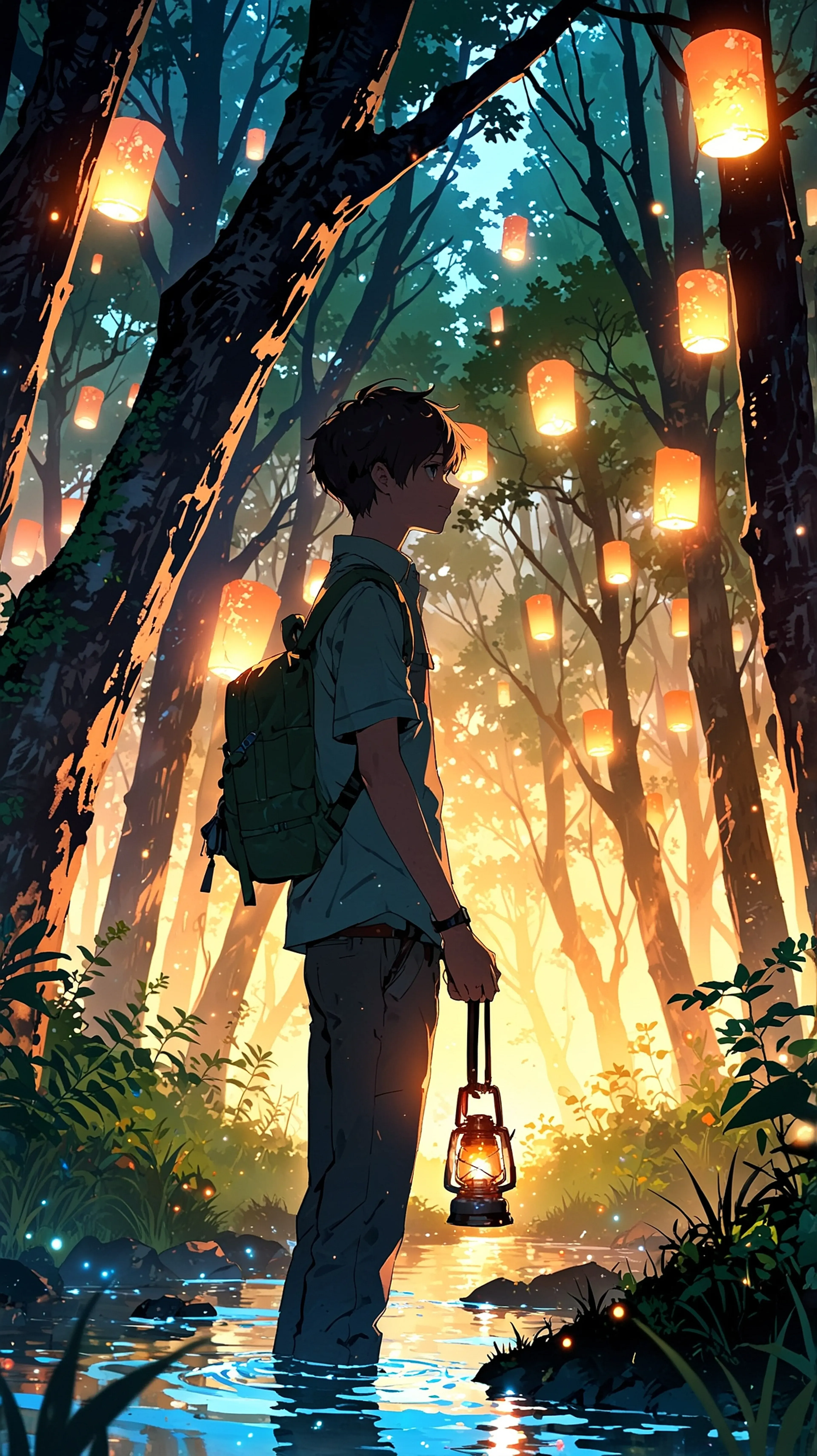 Forest of Floating Lanterns – Magical Night Anime Wallpaper anime wallpaper