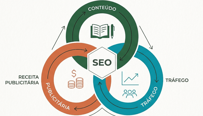 diagrama mostrando o ciclo tráfego, conteúdo e receita com publicidade
